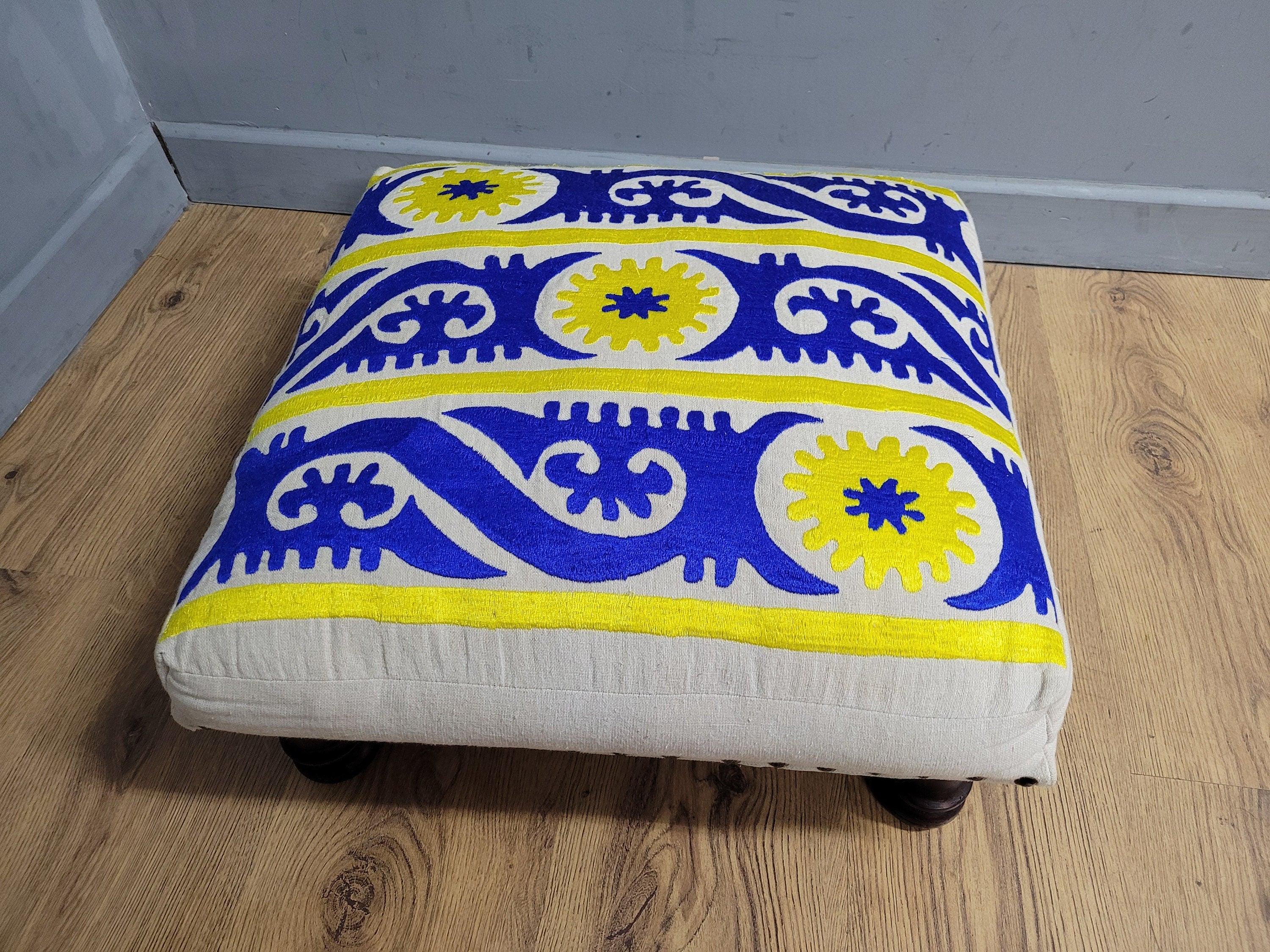 Vintage Country House BoHo Footstool Colourful Hippie Fabric Turned Legs