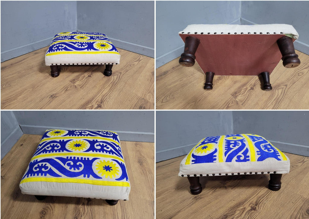 Vintage Country House BoHo Footstool Colourful Hippie Fabric Turned Legs