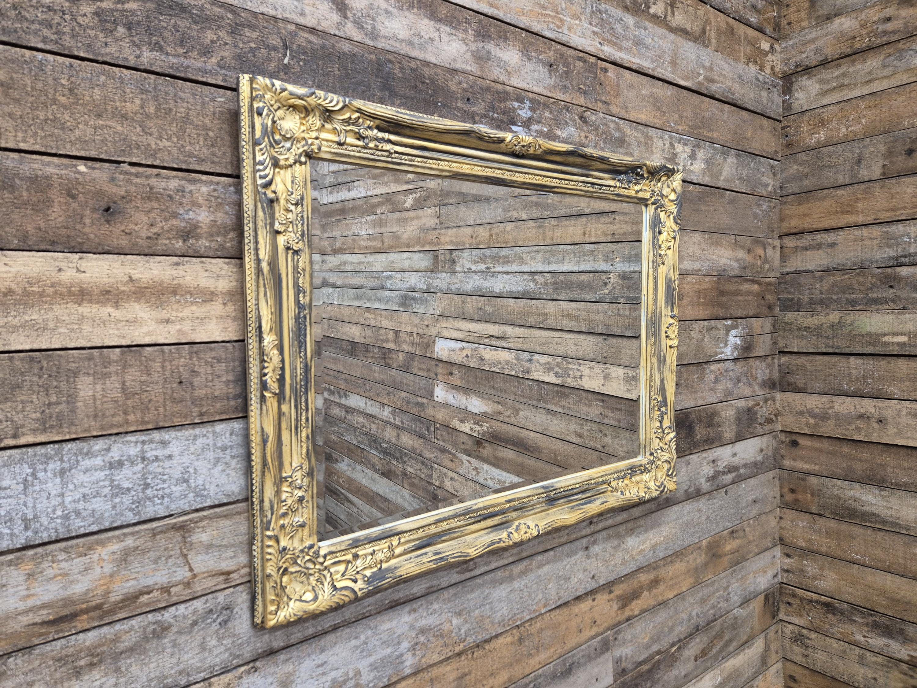 Vintage Distressed Gold & Black Framed Bevel Edged Over Mantle Wall Mirror