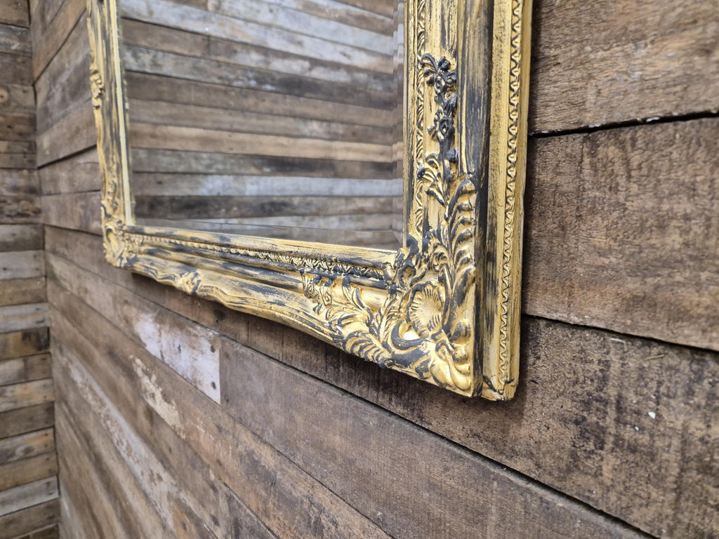 Vintage Distressed Gold & Black Framed Bevel Edged Over Mantle Wall Mirror