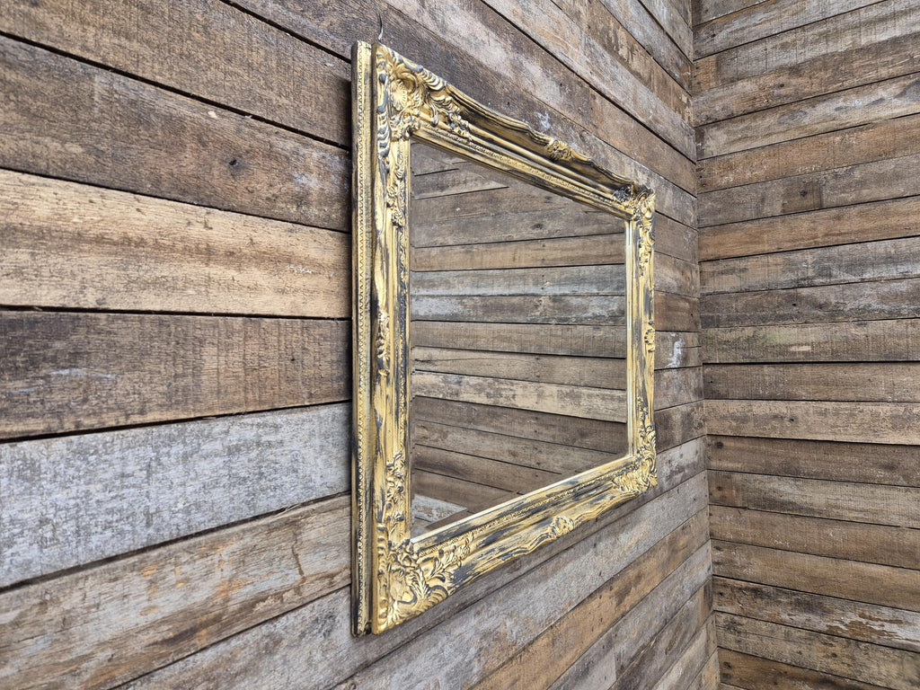 Vintage Distressed Gold & Black Framed Bevel Edged Over Mantle Wall Mirror