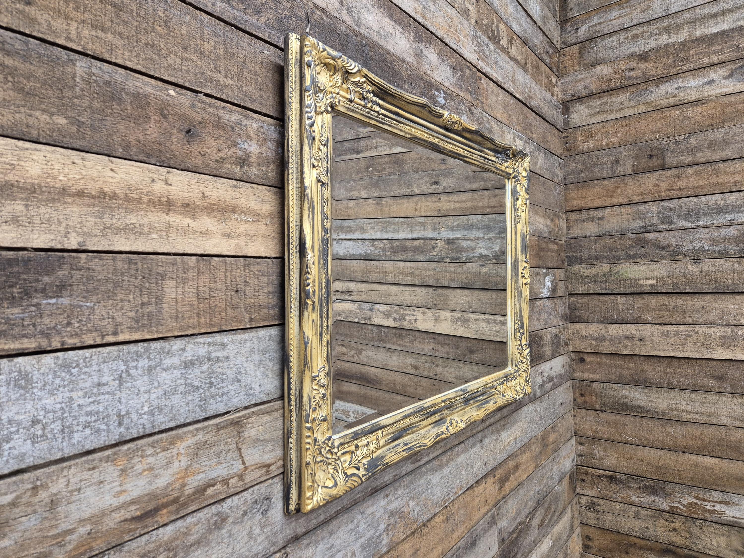Vintage Distressed Gold & Black Framed Bevel Edged Over Mantle Wall Mirror