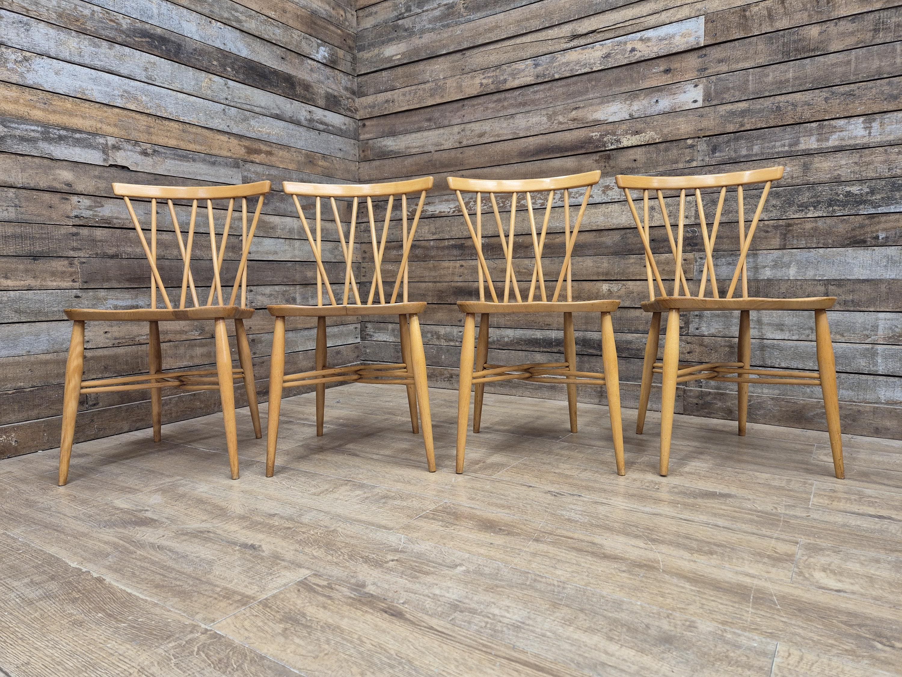 4 Mid Century Ercol 376 Blonde Candlestick Windsor Dining Chairs Vintage Retro