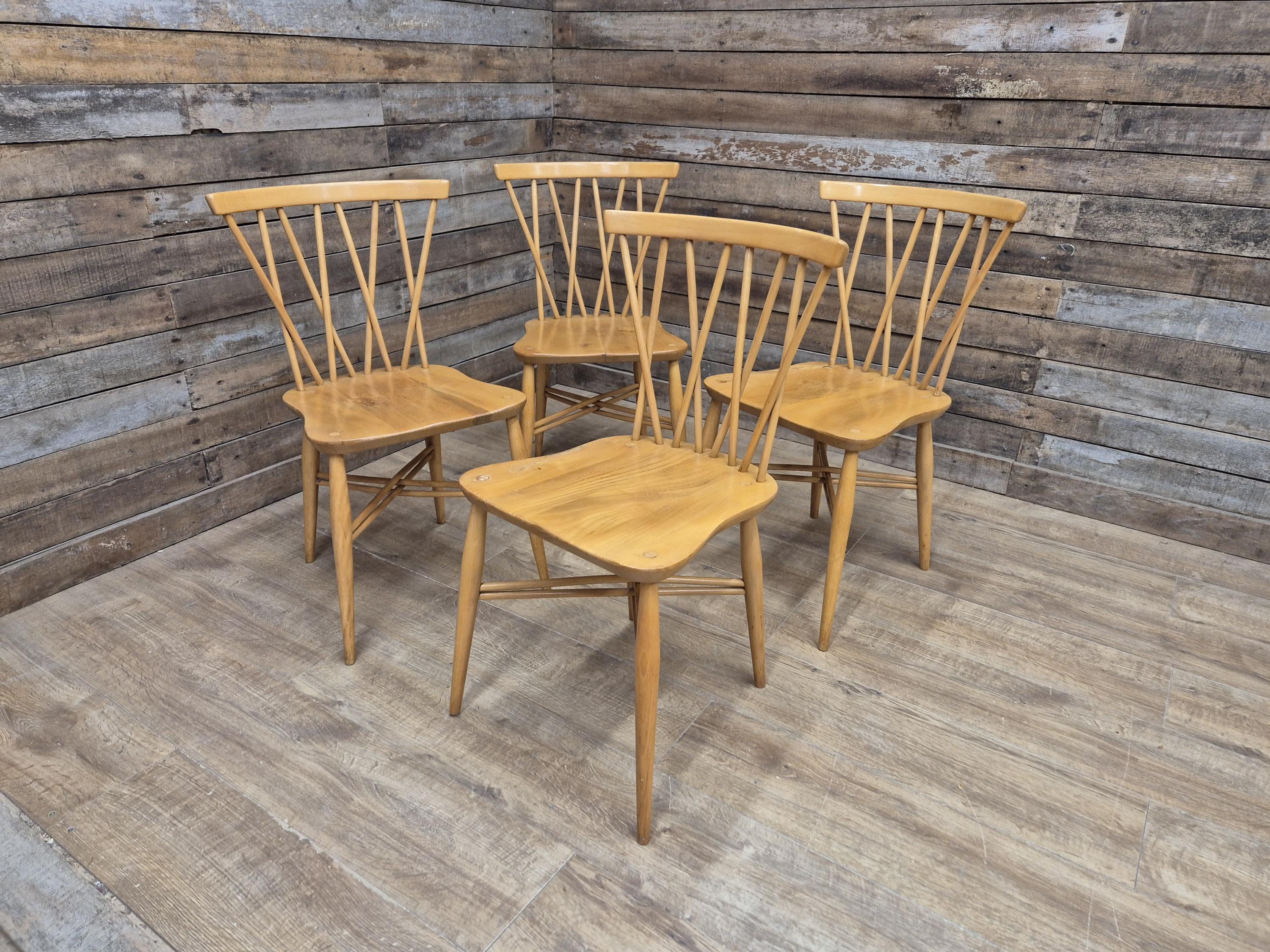 4 Mid Century Ercol 376 Blonde Candlestick Windsor Dining Chairs Vintage Retro