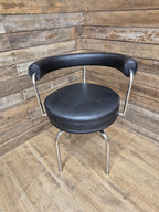 Mid Century Le Corbusier LC7 Repro Swivel Chair in Black Leather & Chrome