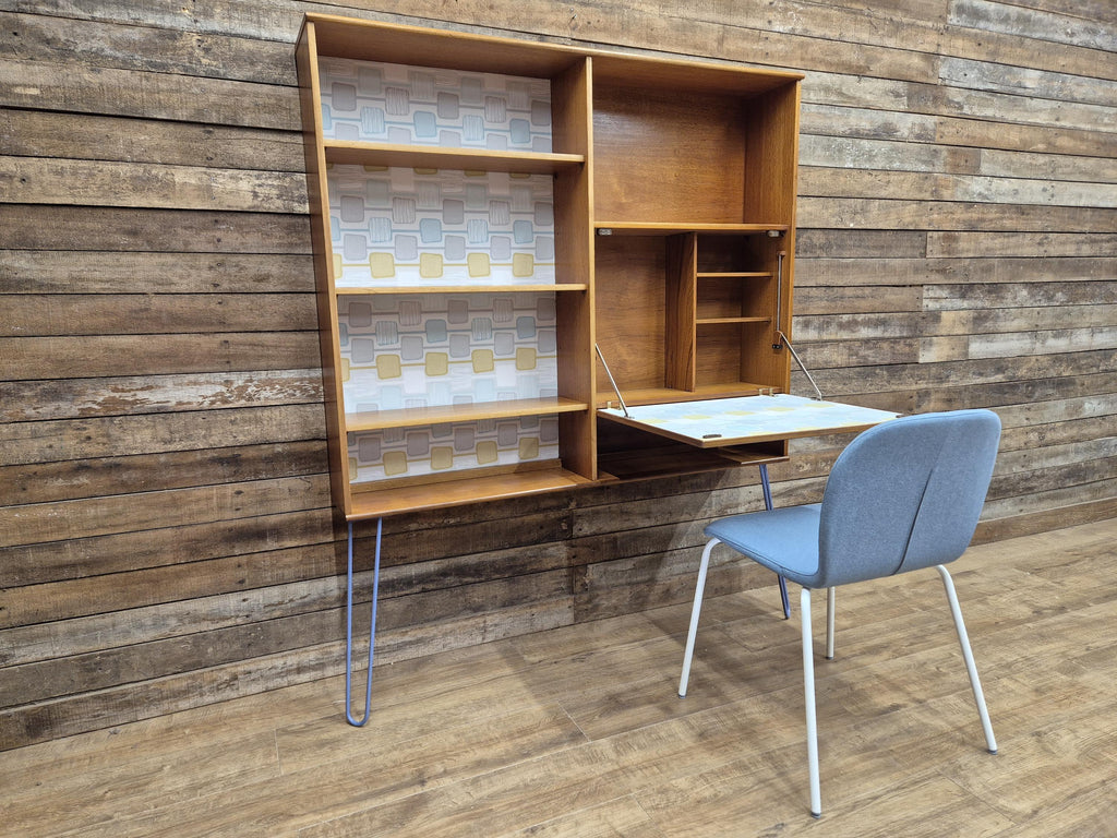 Remodelled William Lawrence Teak Bureau Bookcase with Hairpin Legs Retro Lining