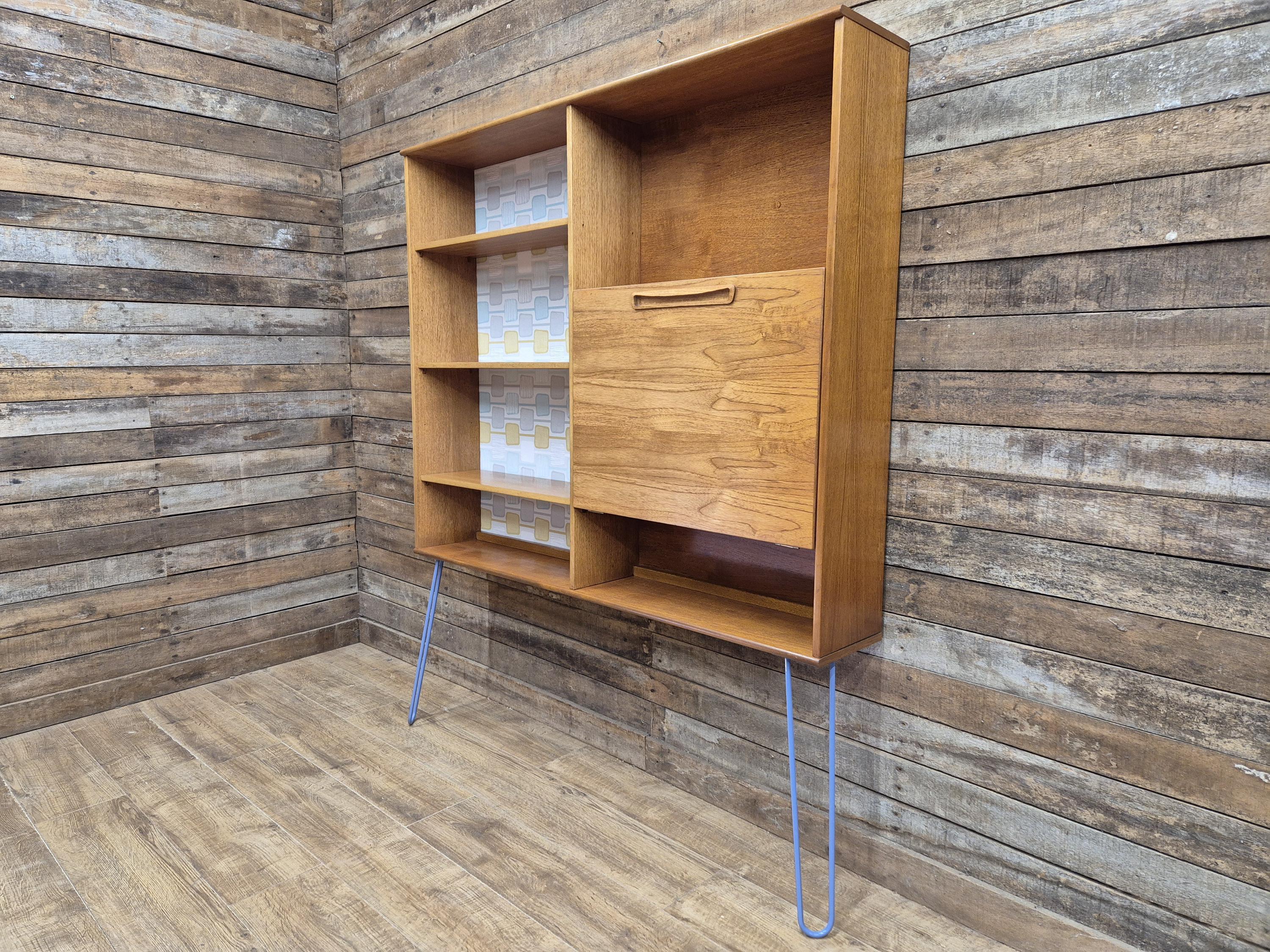 Remodelled William Lawrence Teak Bureau Bookcase with Hairpin Legs Retro Lining