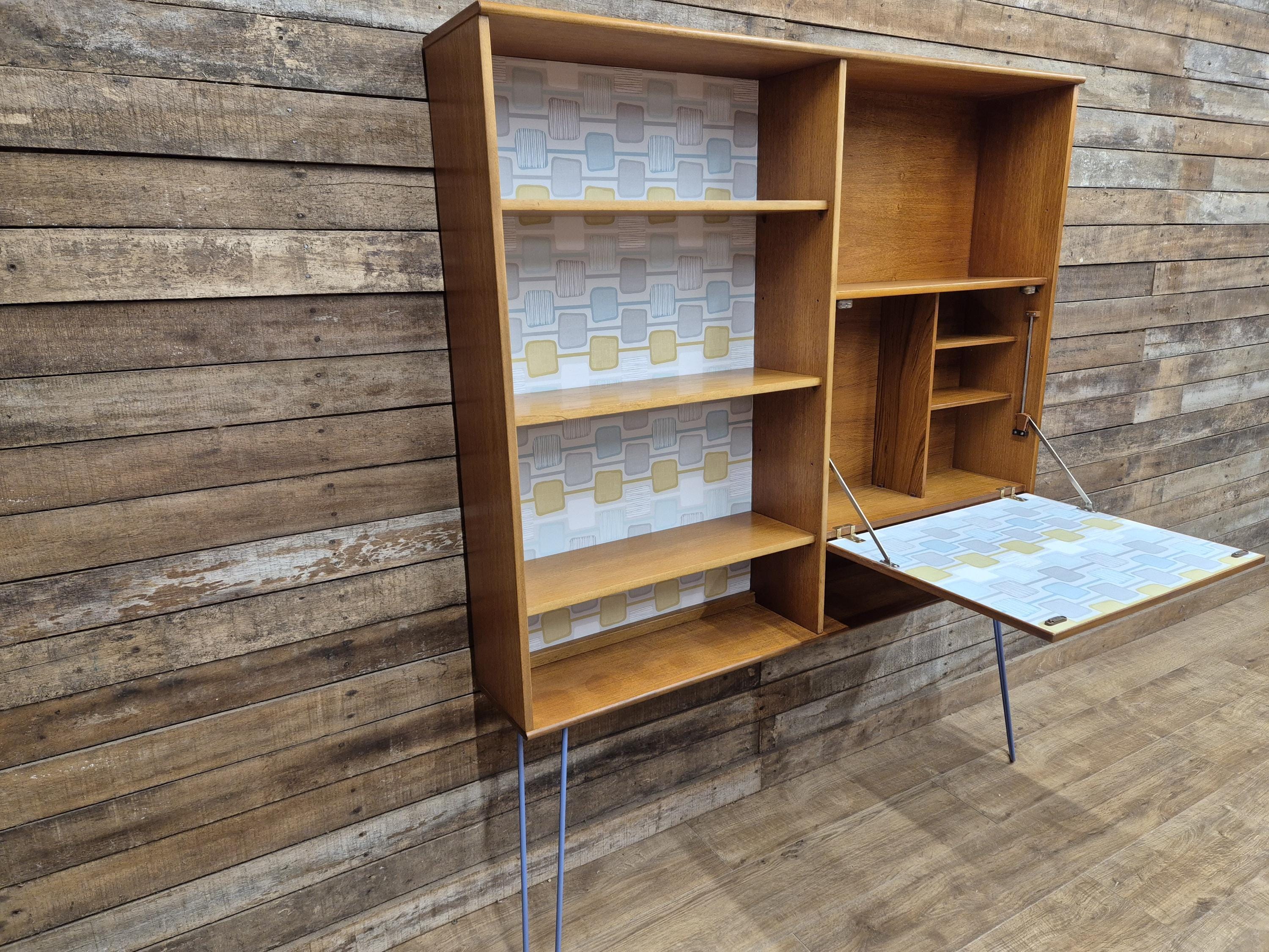 Remodelled William Lawrence Teak Bureau Bookcase with Hairpin Legs Retro Lining