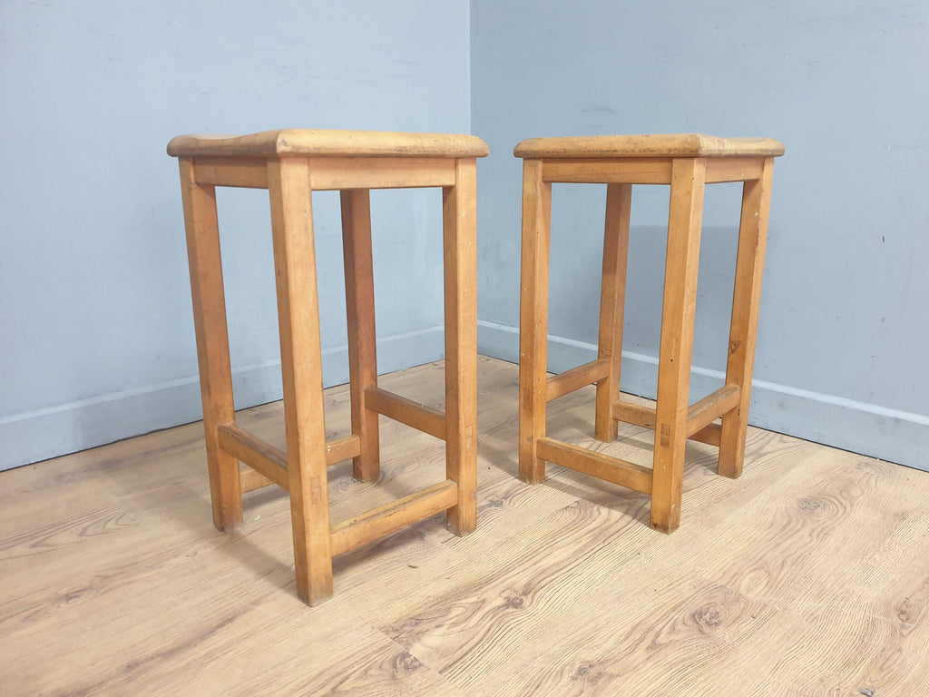Pair of Vintage Old Blonde Wooden School Stool Lab Stool