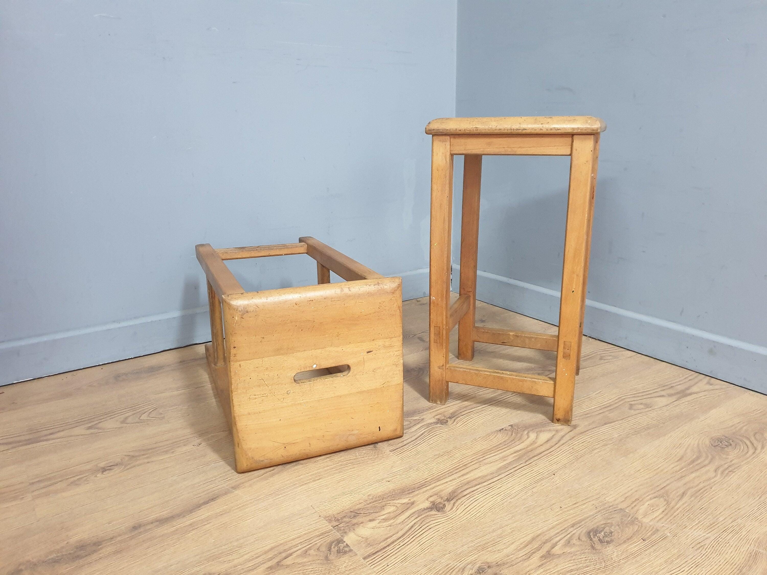 Pair of Vintage Old Blonde Wooden School Stool Lab Stool
