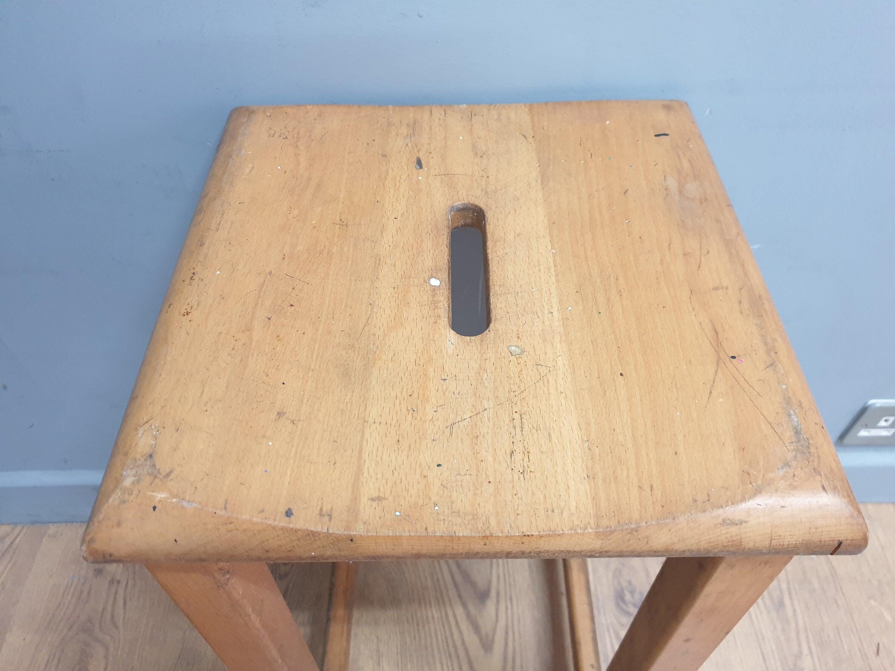 Pair of Vintage Old Blonde Wooden School Stool Lab Stool
