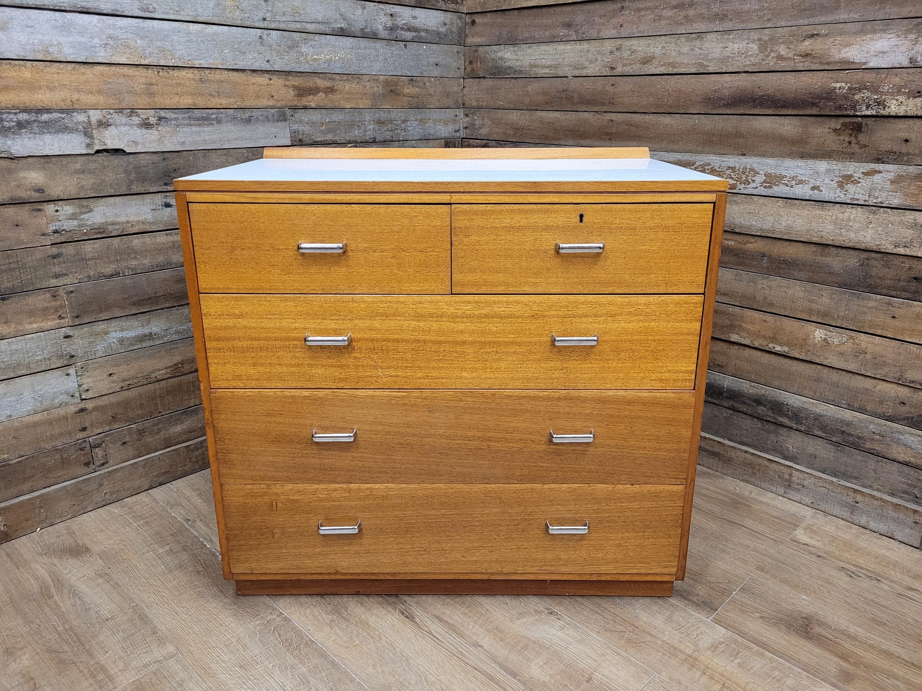 Mid Century M.O.D Industrial Teak Chest of Drawers 2 Over 3 Ex Military Storage