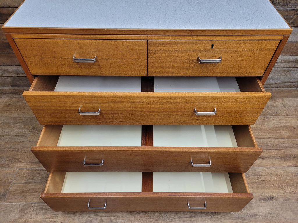 Mid Century M.O.D Industrial Teak Chest of Drawers 2 Over 3 Ex Military Storage