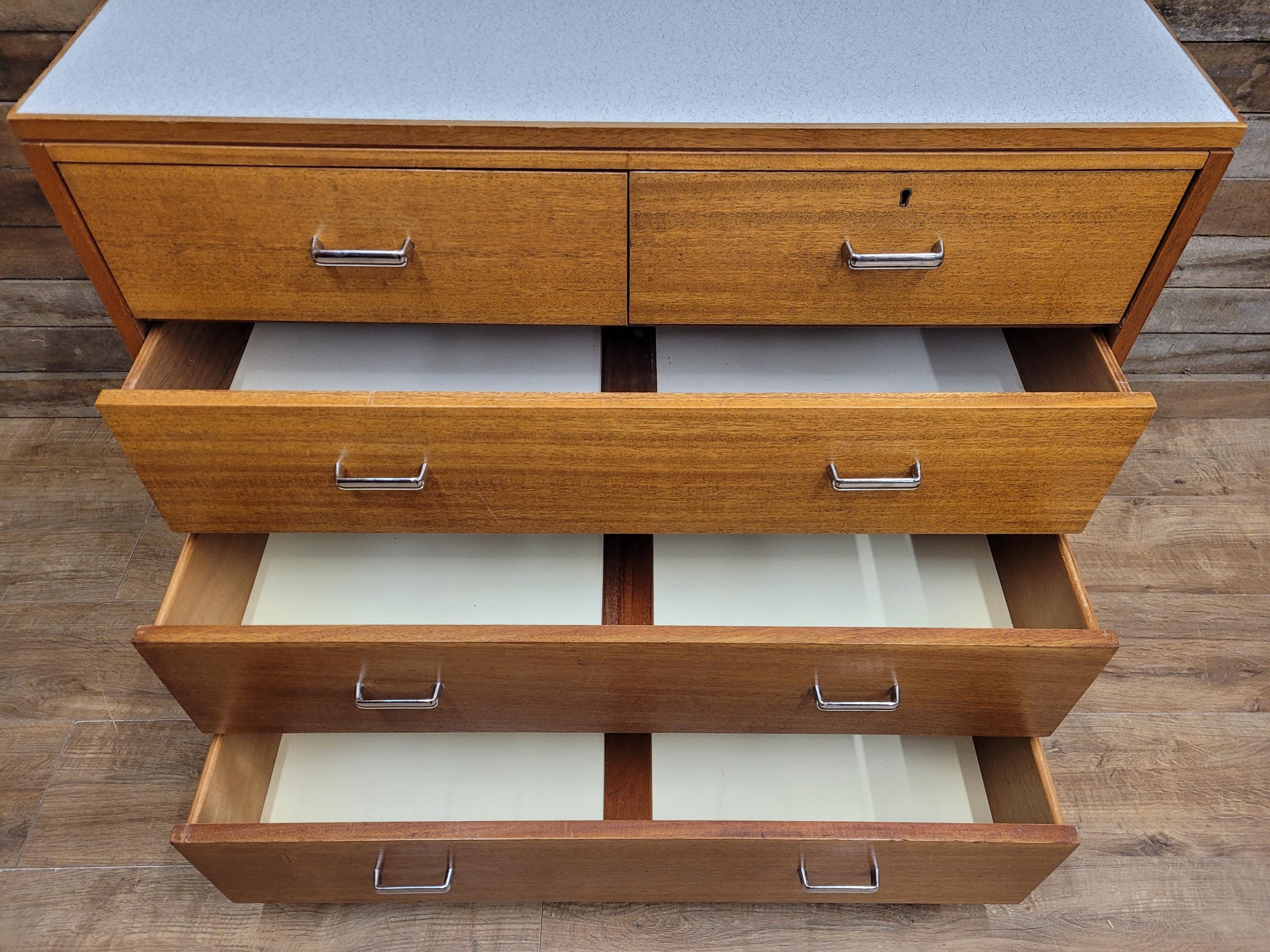 Mid Century M.O.D Industrial Teak Chest of Drawers 2 Over 3 Ex Military Storage