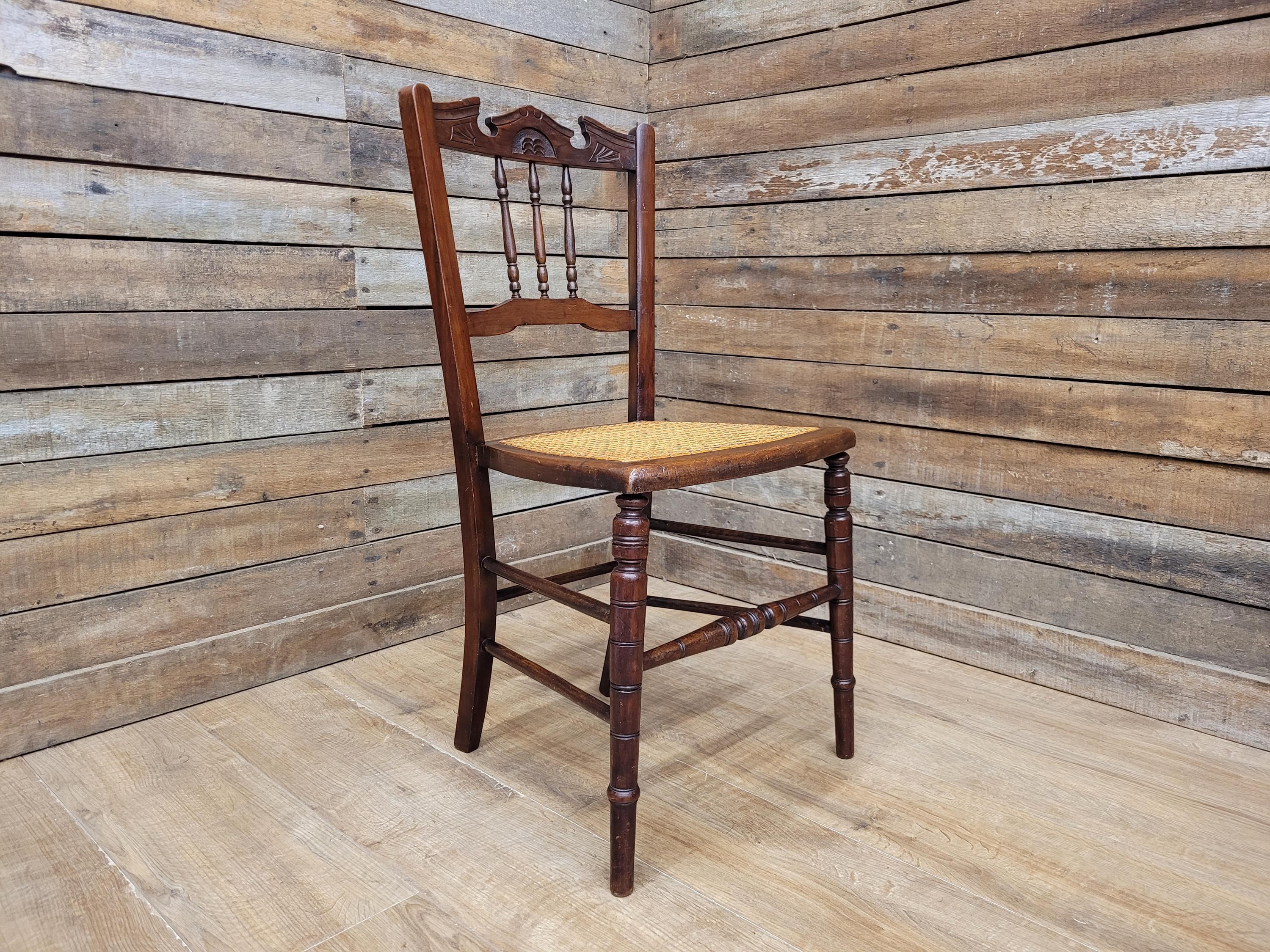 Antique Mahogany Carved Spindle Back Bergere Rattan Seat Hall Bedroom Chair