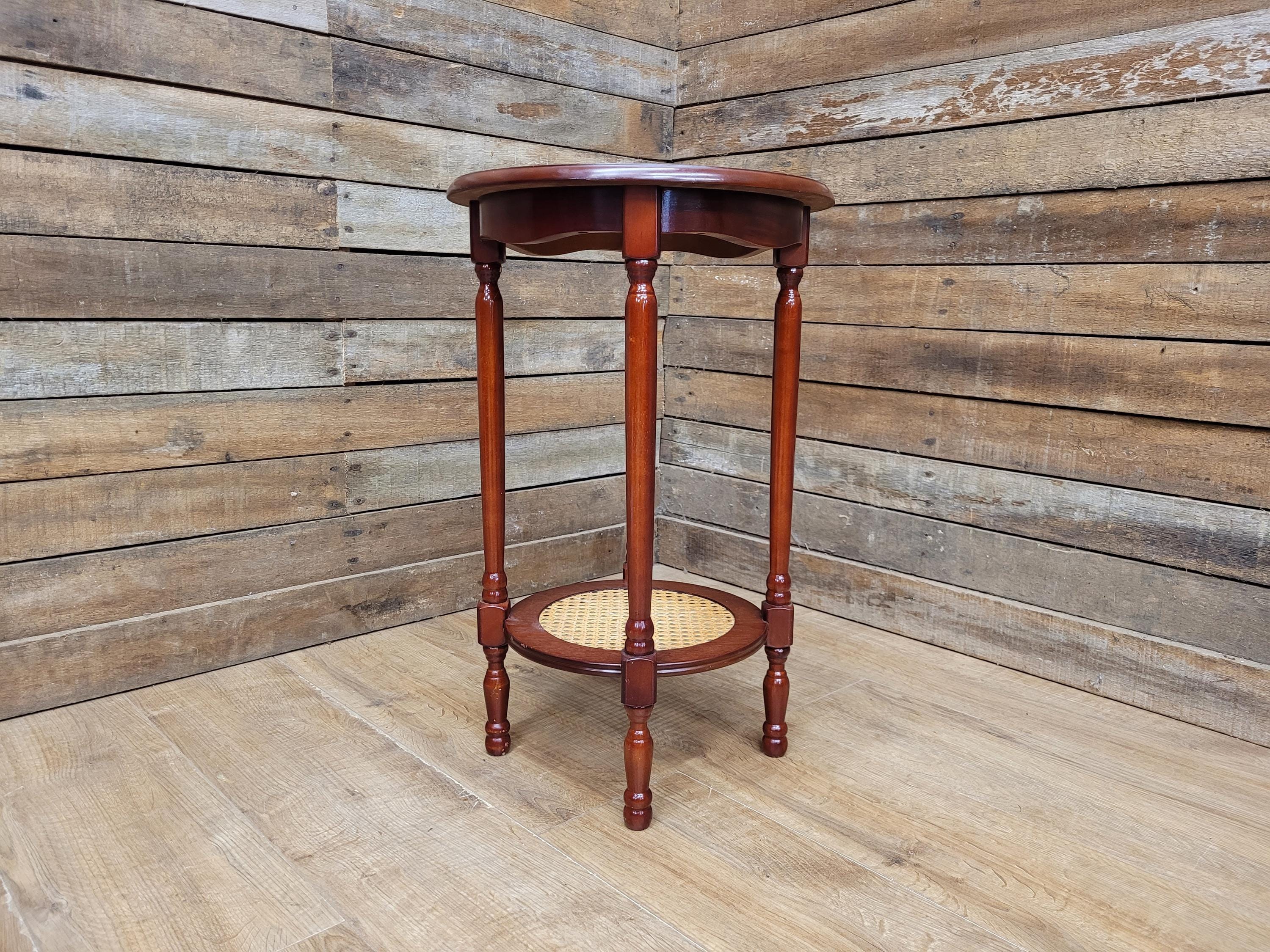 Mahogany Effect Two Tier Plant Stand Side Table Bergere Rattan Shelf