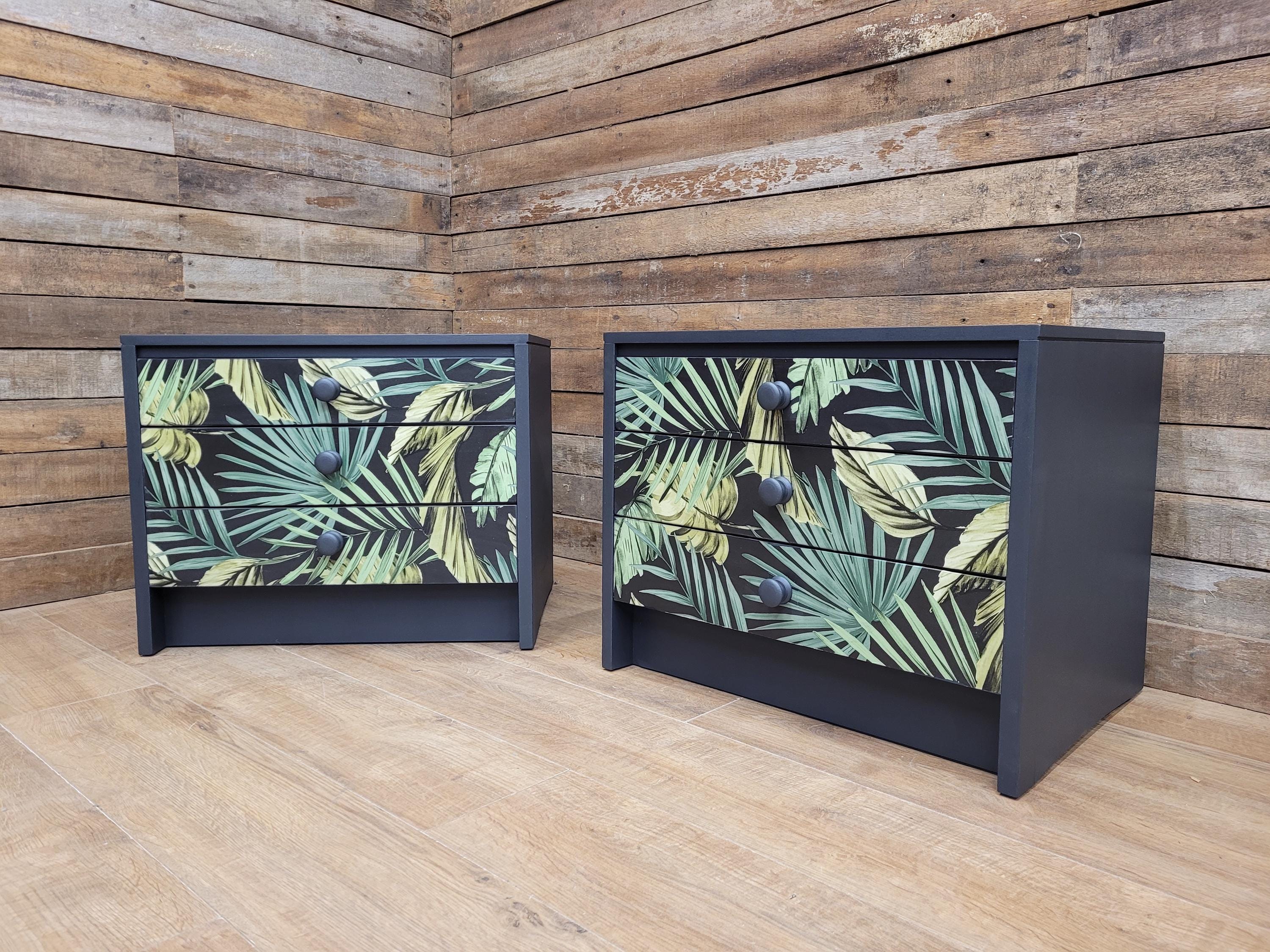 Pair of Hand-Painted Bedside Tables in Fusion Ash with Tropical Leaf Design