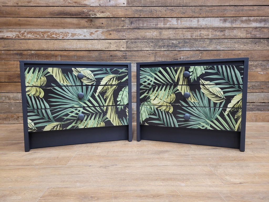 Pair of Hand-Painted Bedside Tables in Fusion Ash with Tropical Leaf Design
