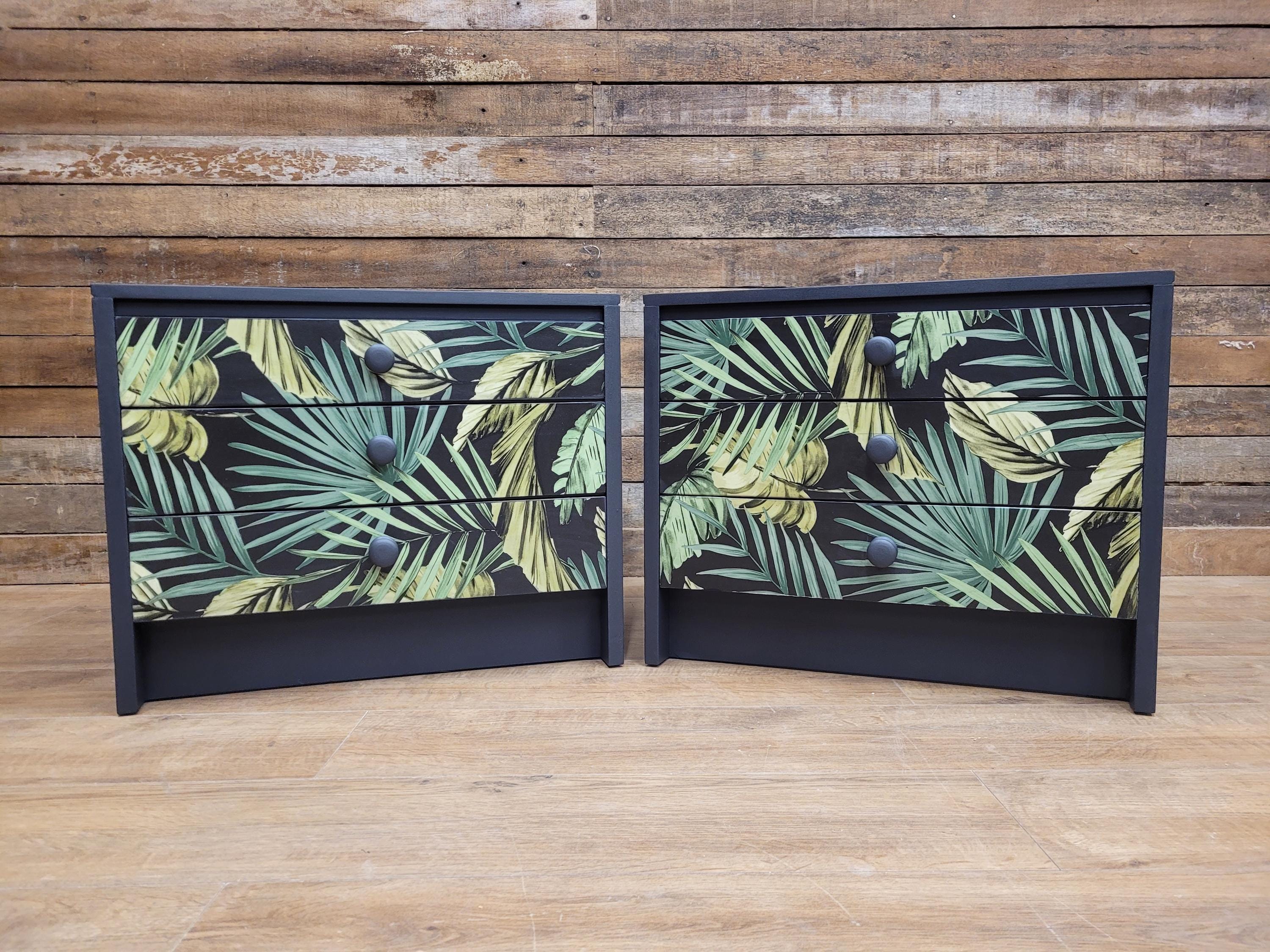 Pair of Hand-Painted Bedside Tables in Fusion Ash with Tropical Leaf Design