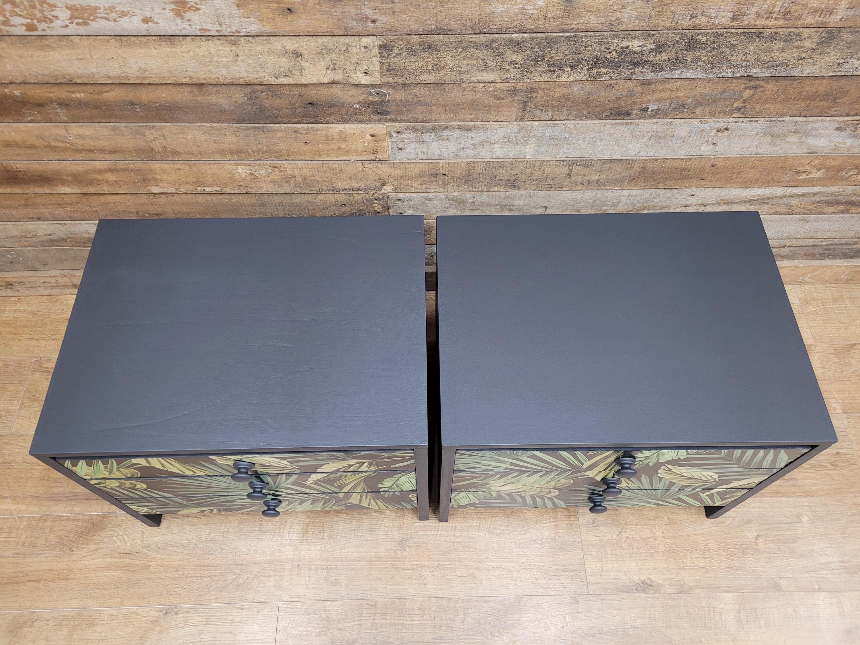 Pair of Hand-Painted Bedside Tables in Fusion Ash with Tropical Leaf Design