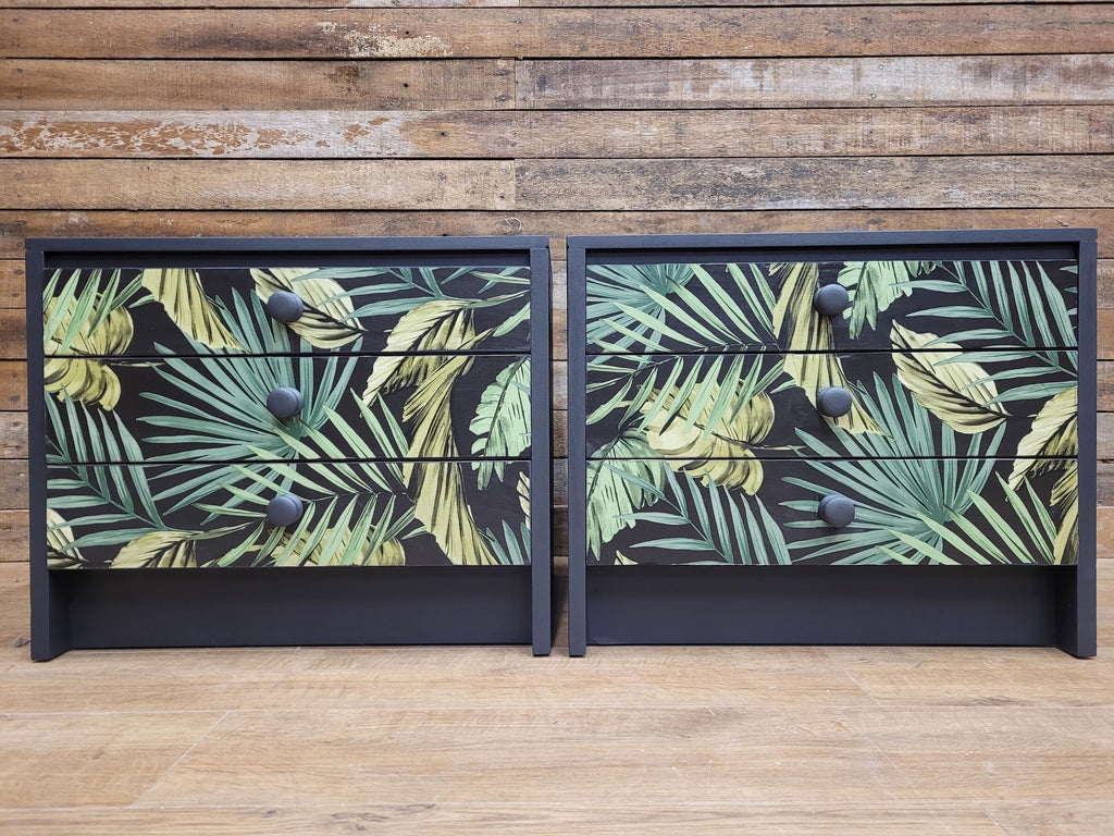 Pair of Hand-Painted Bedside Tables in Fusion Ash with Tropical Leaf Design