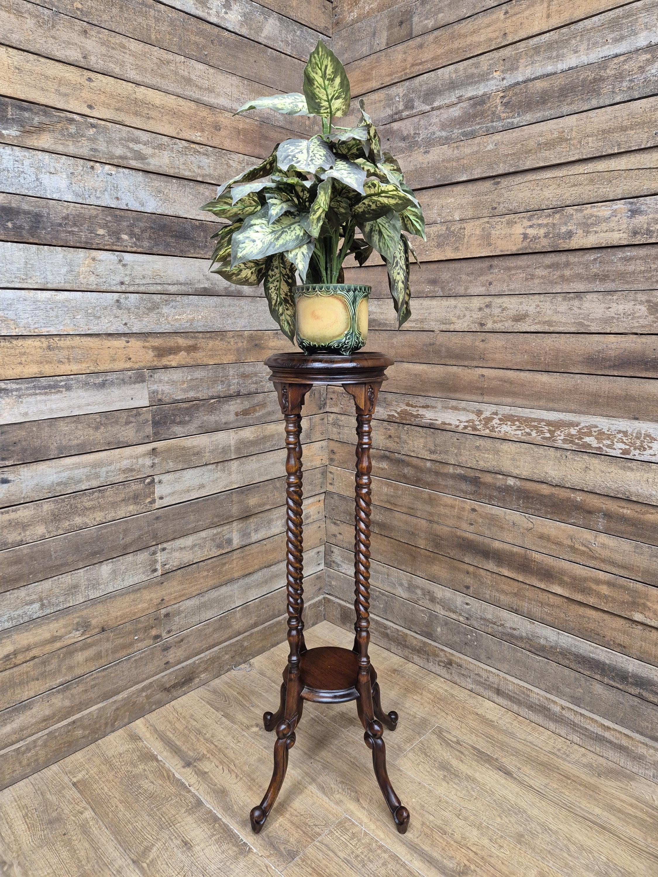 Antique Two Tier Mahogany Torchiere Jardiniere Plant Stand Barley Twist Feature