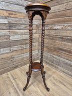Antique Two Tier Mahogany Torchiere Jardiniere Plant Stand Barley Twist Feature
