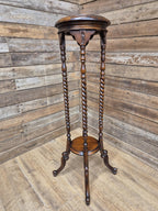 Antique Two Tier Mahogany Torchiere Jardiniere Plant Stand Barley Twist Feature