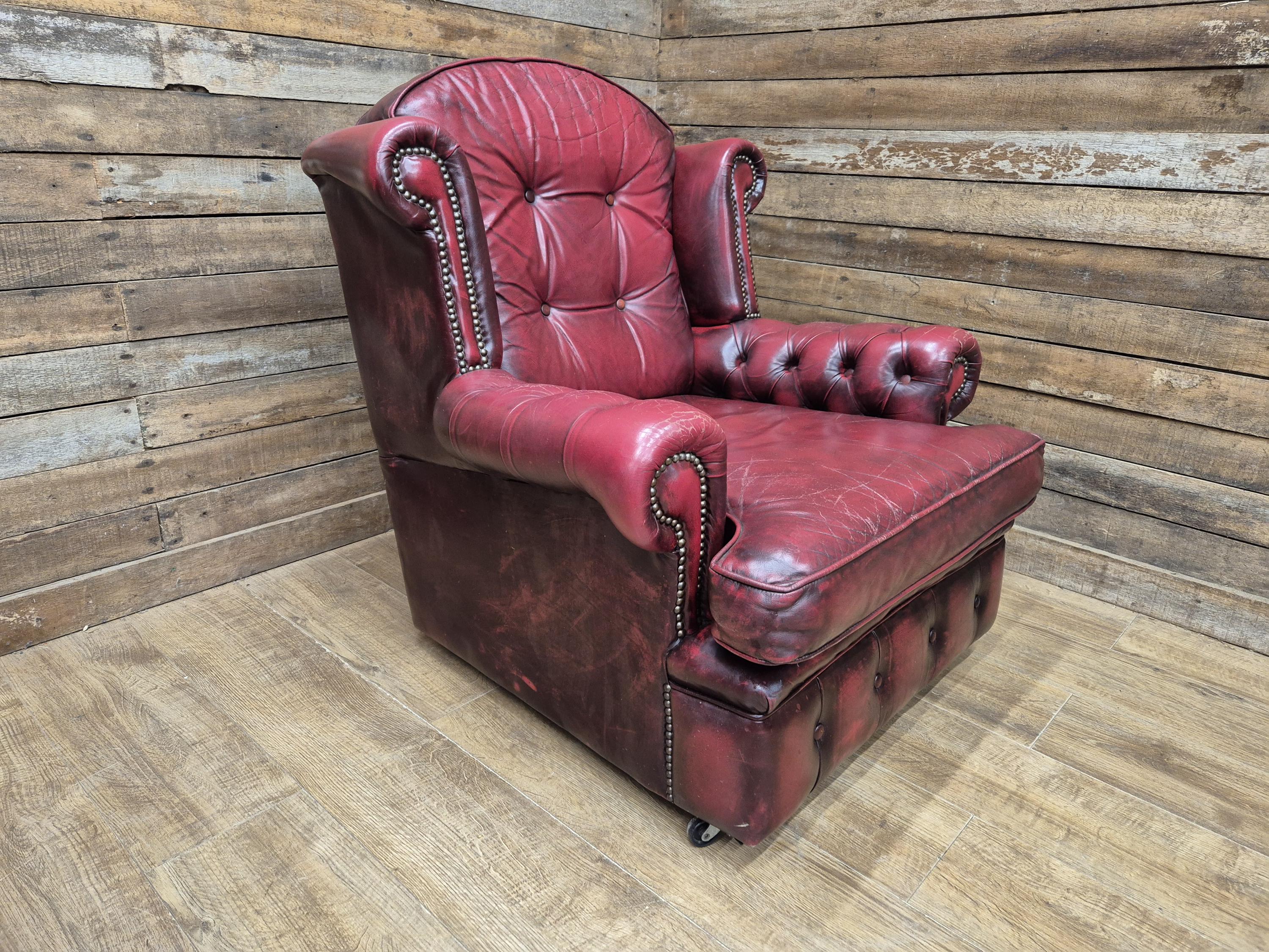 Vintage Button Backed Chesterfield Ox Blood Red Leather Wing Back Armchair