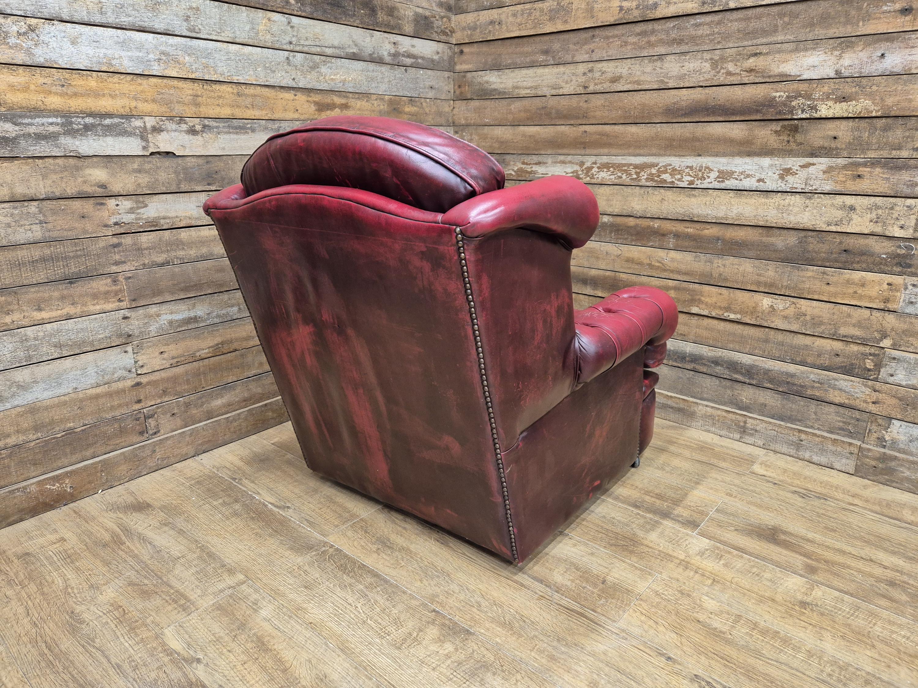Vintage Button Backed Chesterfield Ox Blood Red Leather Wing Back Armchair