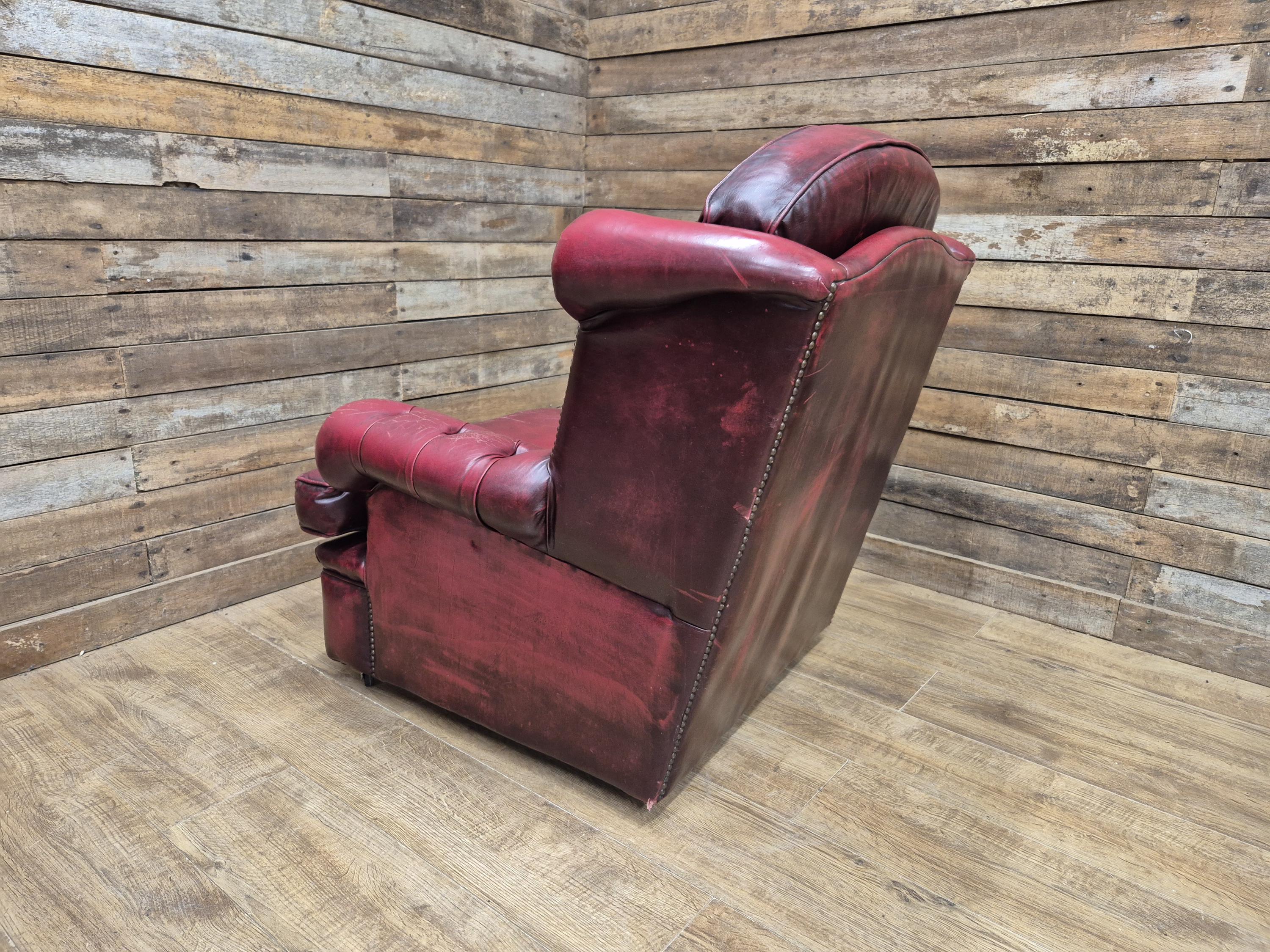 Vintage Button Backed Chesterfield Ox Blood Red Leather Wing Back Armchair