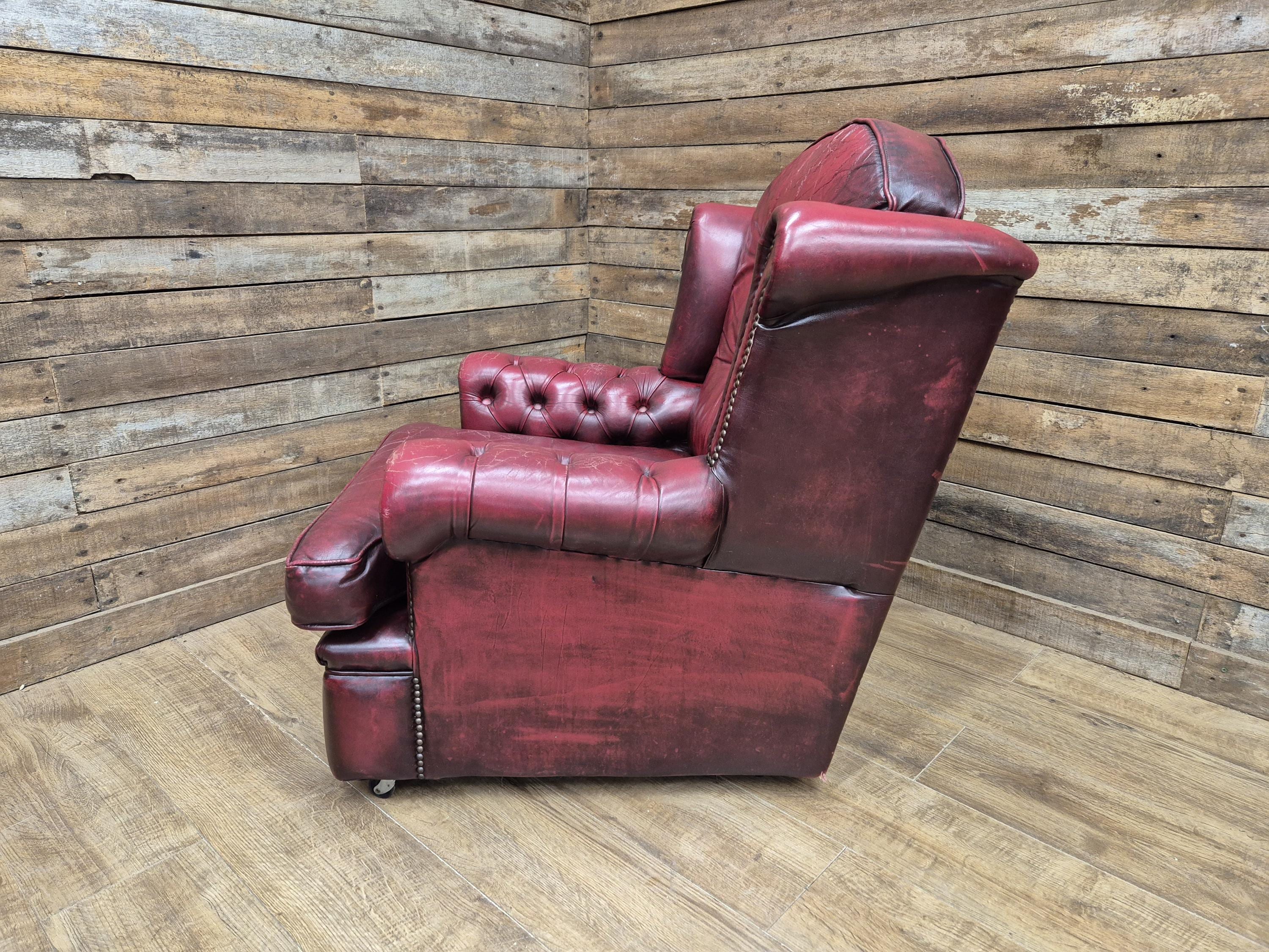 Vintage Button Backed Chesterfield Ox Blood Red Leather Wing Back Armchair