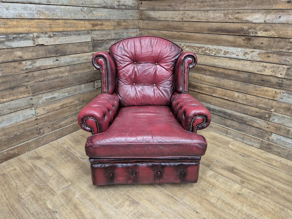 Vintage Button Backed Chesterfield Ox Blood Red Leather Wing Back Armchair