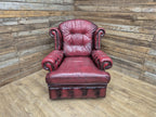 Vintage Button Backed Chesterfield Ox Blood Red Leather Wing Back Armchair