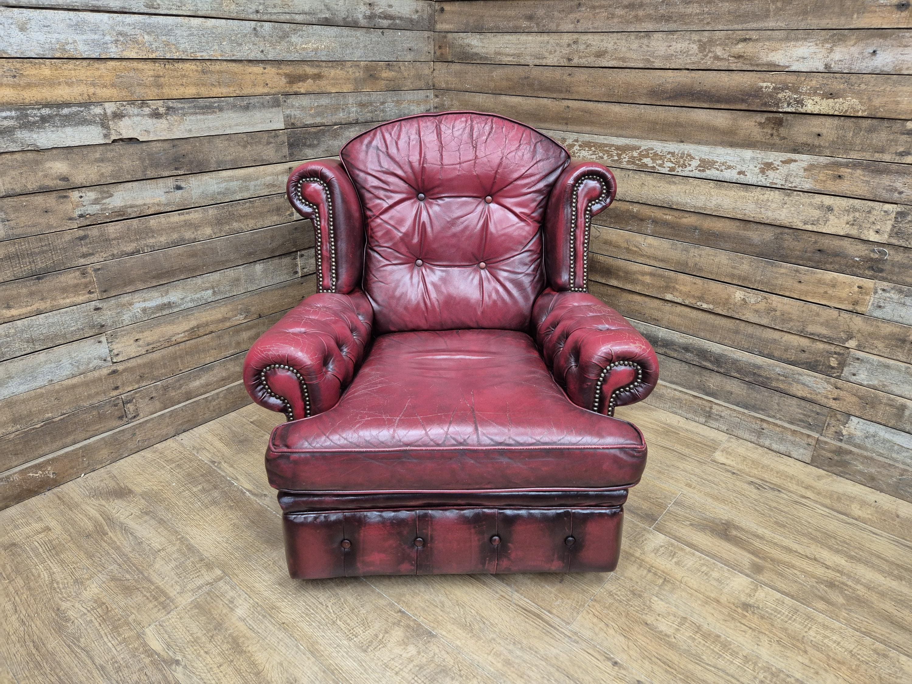 Vintage Button Backed Chesterfield Ox Blood Red Leather Wing Back Armchair