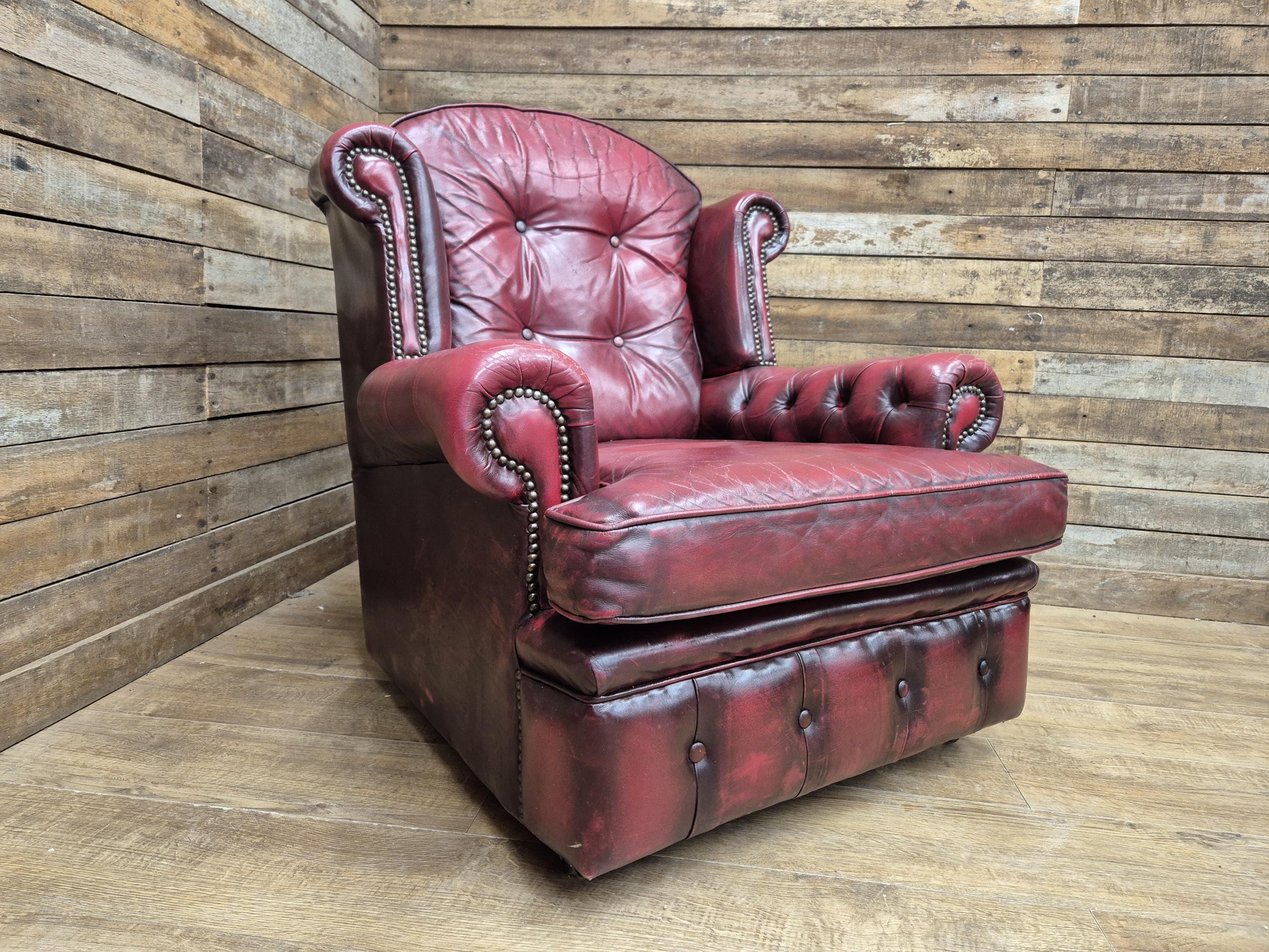Vintage Button Backed Chesterfield Ox Blood Red Leather Wing Back Armchair