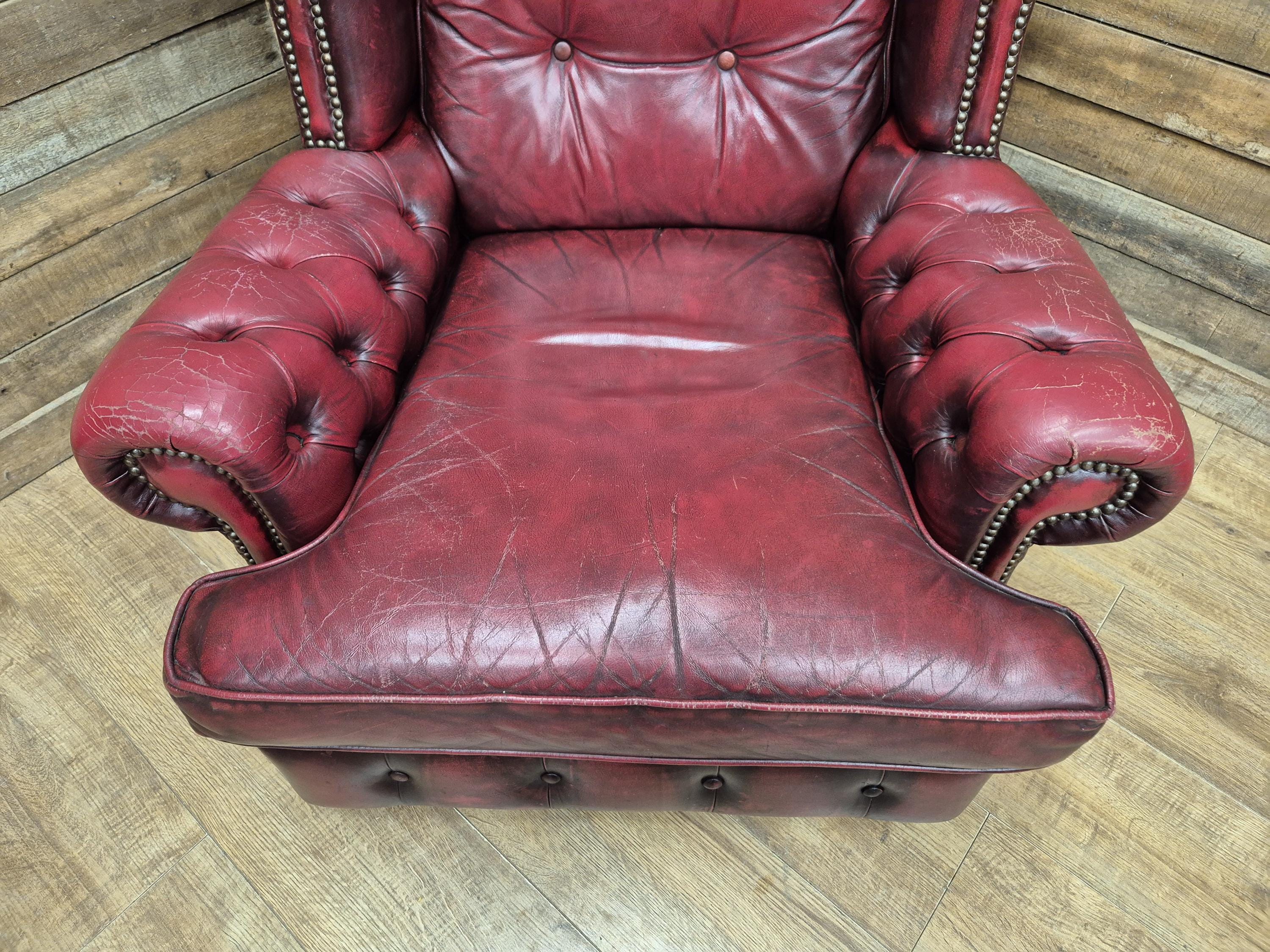 Vintage Button Backed Chesterfield Ox Blood Red Leather Wing Back Armchair