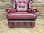 Vintage Button Backed Chesterfield Ox Blood Red Leather Wing Back Armchair