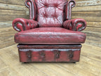 Vintage Button Backed Chesterfield Ox Blood Red Leather Wing Back Armchair