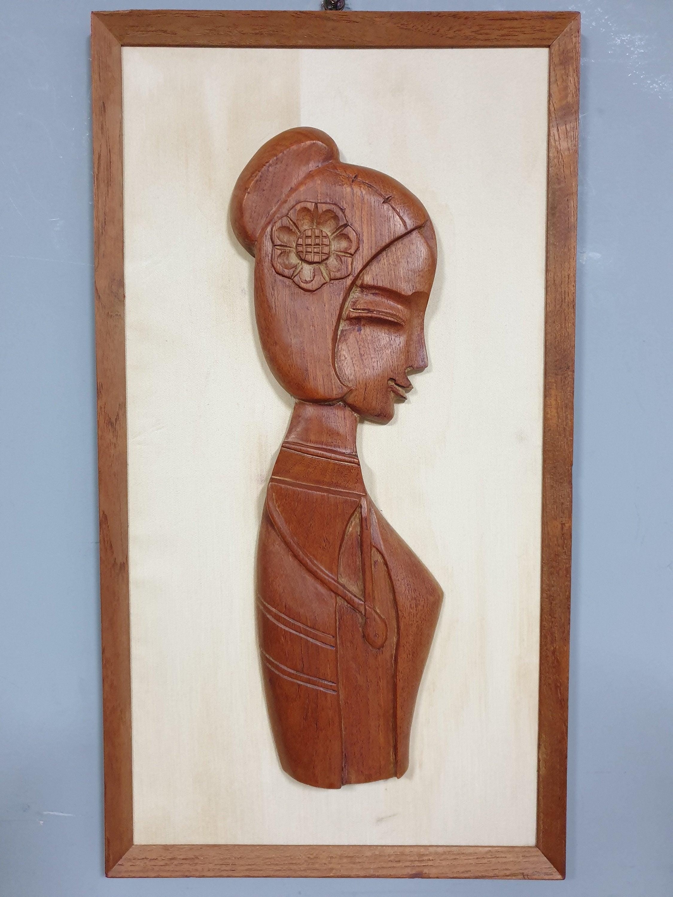 Mid Century Pair of Teak Wall Hangings Teak Framed Lady Figures Retro Chic
