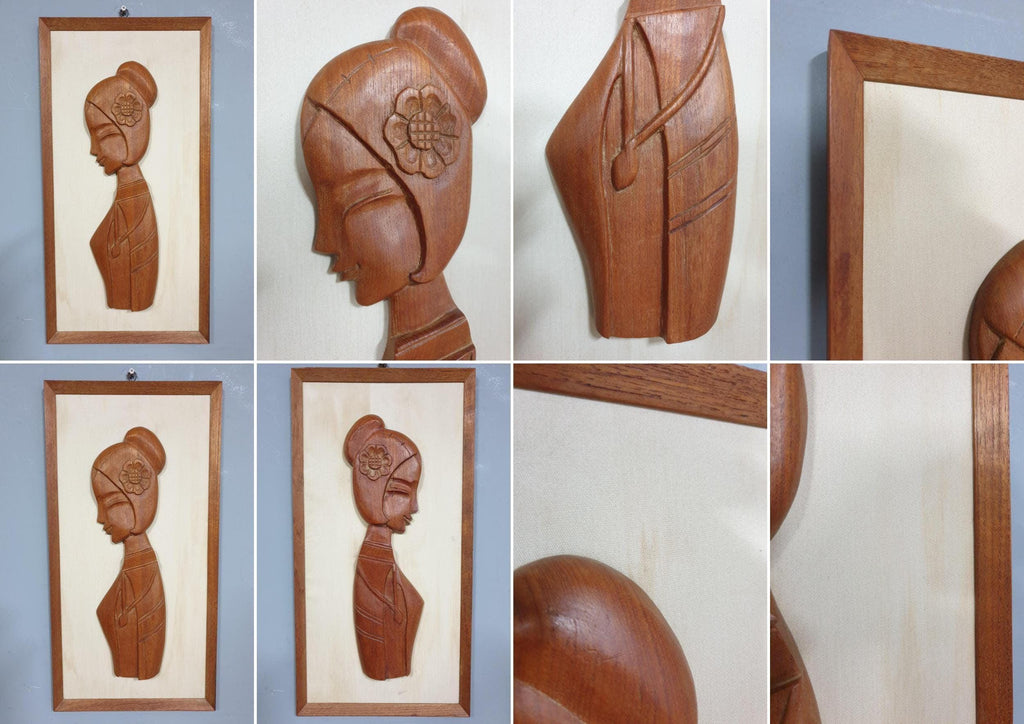 Mid Century Pair of Teak Wall Hangings Teak Framed Lady Figures Retro Chic