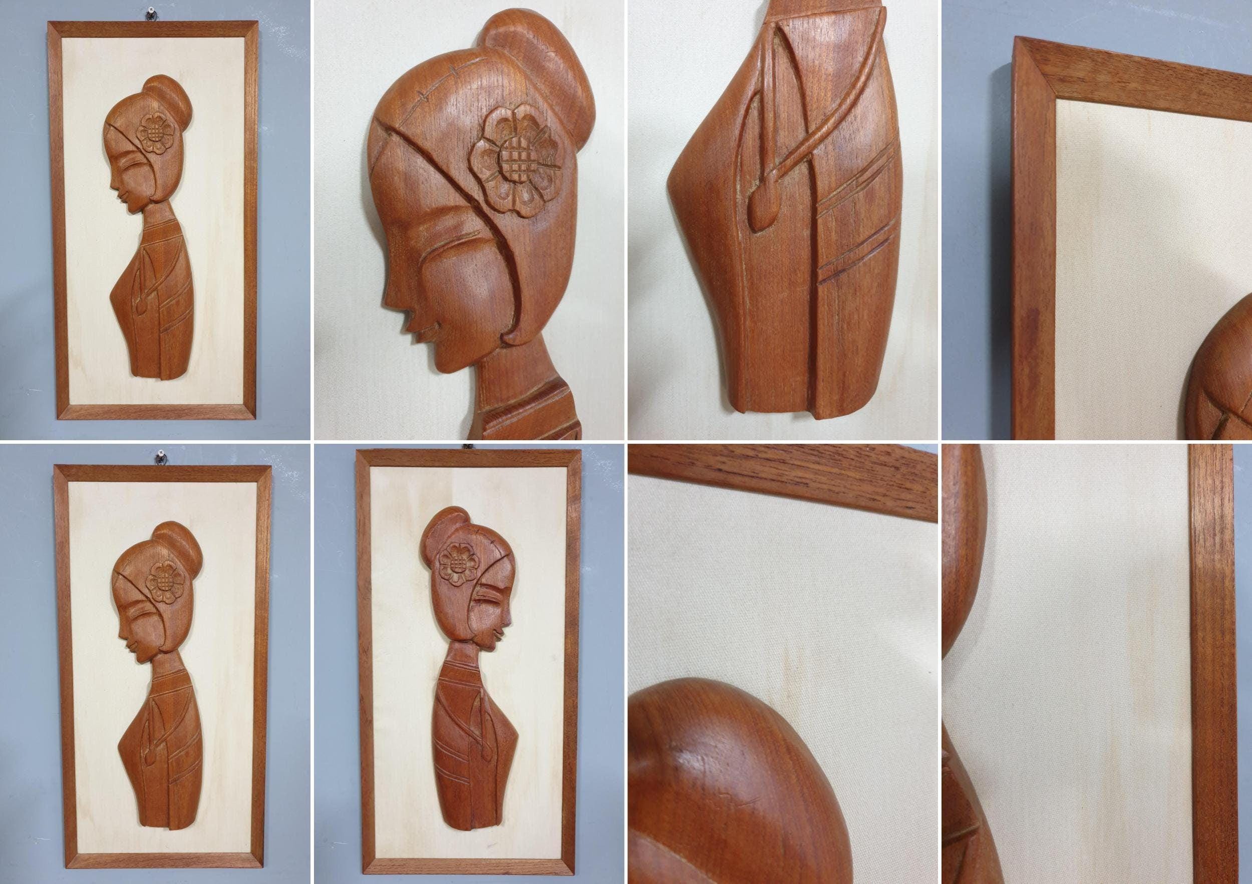 Mid Century Pair of Teak Wall Hangings Teak Framed Lady Figures Retro Chic