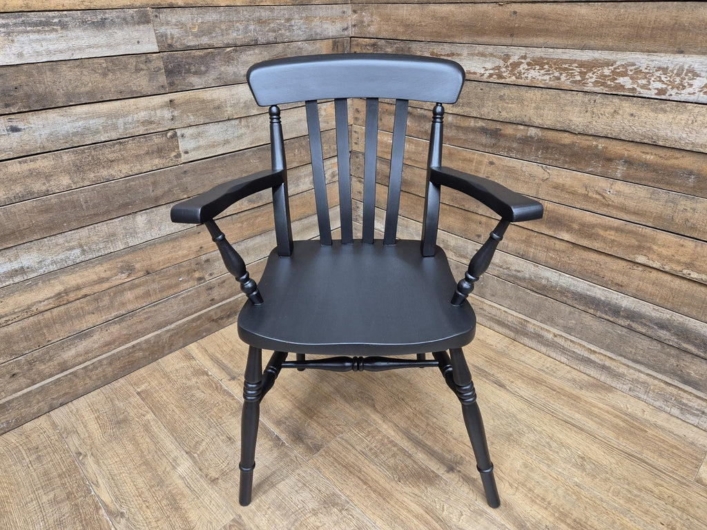 Vintage Country House Midnight Black Painted Lath Back Carver Windsor Chair