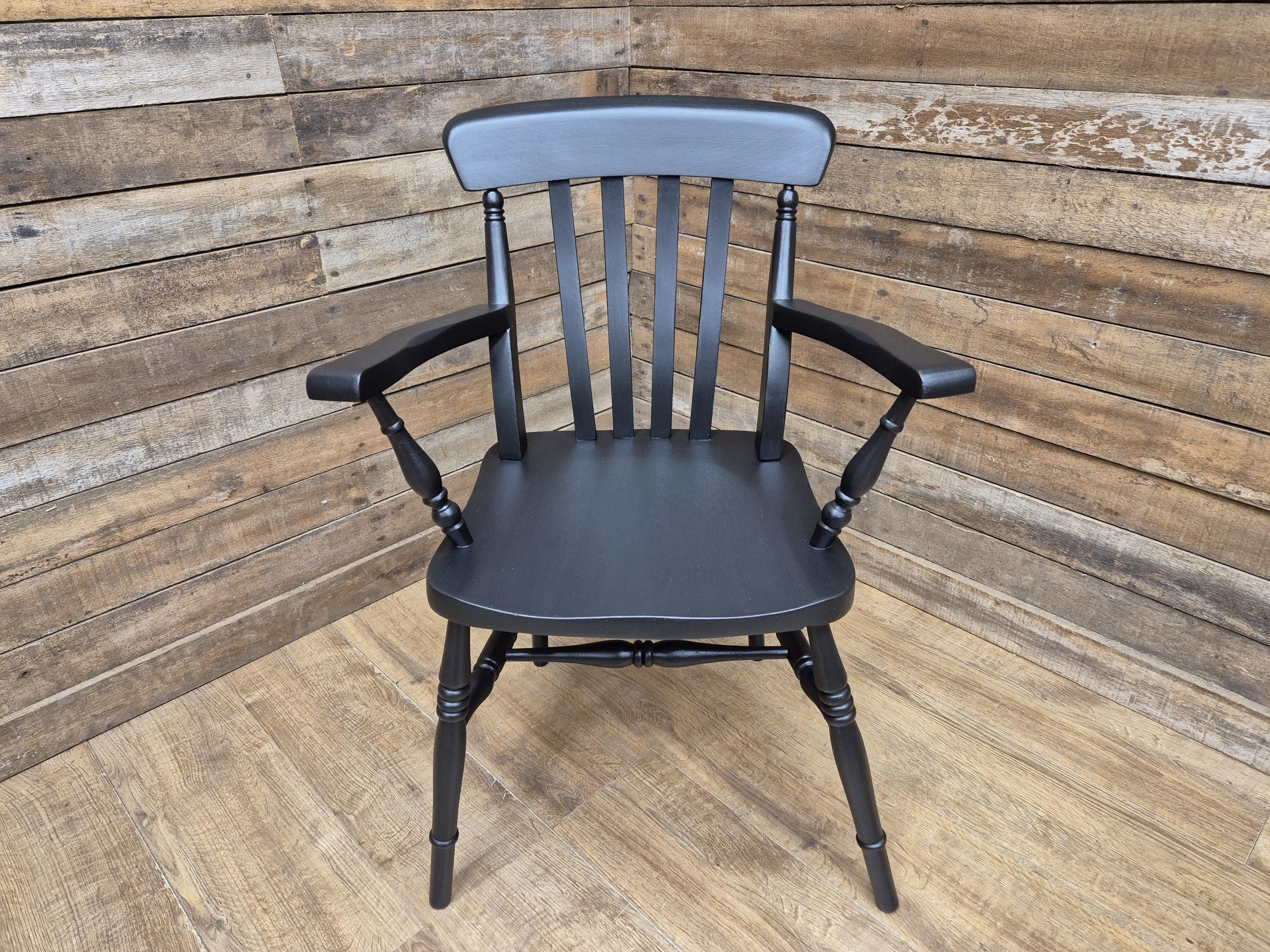 Vintage Country House Midnight Black Painted Lath Back Carver Windsor Chair