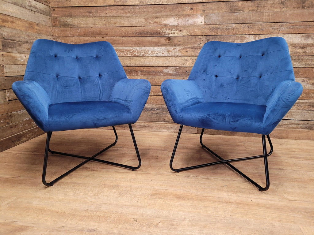 Two Blue Velvet Button Backed Armchairs Bedroom Chairs Retro Style