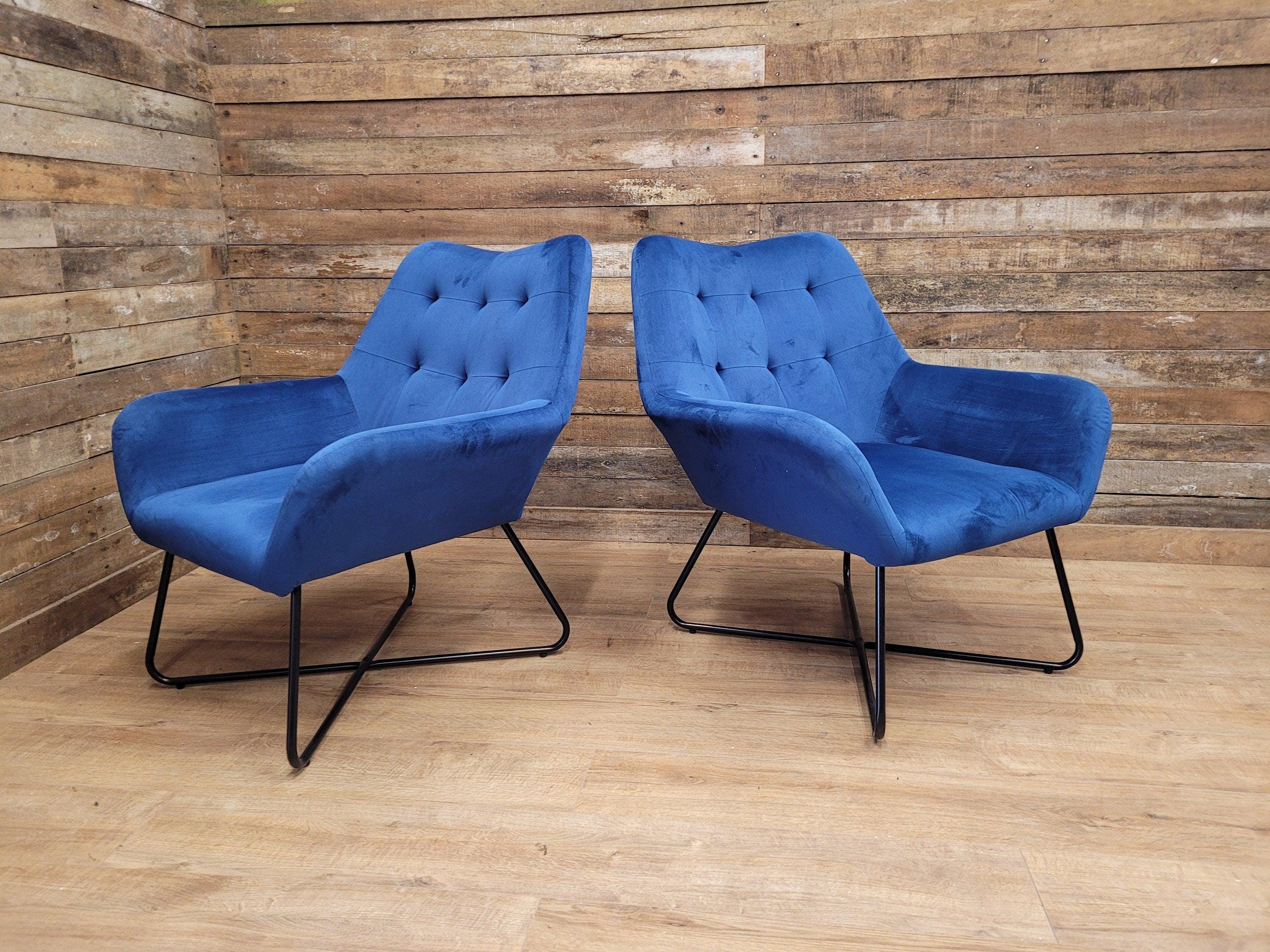 Two Blue Velvet Button Backed Armchairs Bedroom Chairs Retro Style