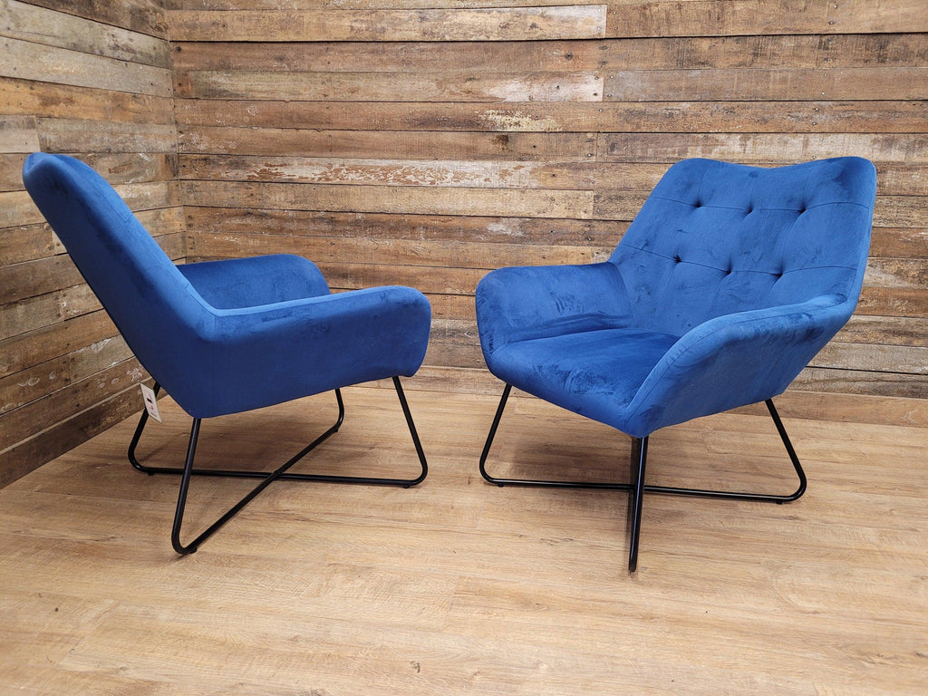 Two Blue Velvet Button Backed Armchairs Bedroom Chairs Retro Style