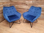 Two Blue Velvet Button Backed Armchairs Bedroom Chairs Retro Style