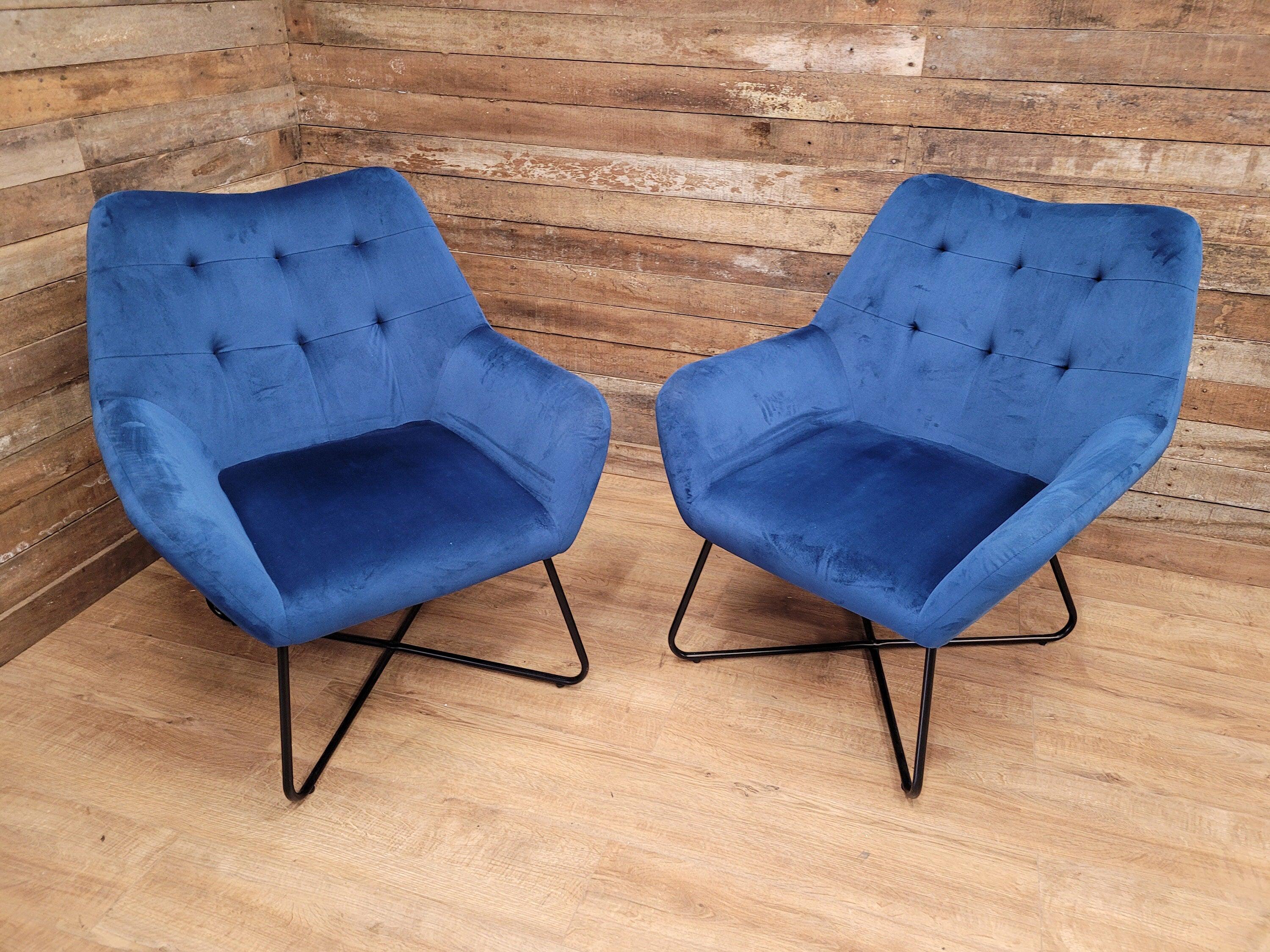 Two Blue Velvet Button Backed Armchairs Bedroom Chairs Retro Style