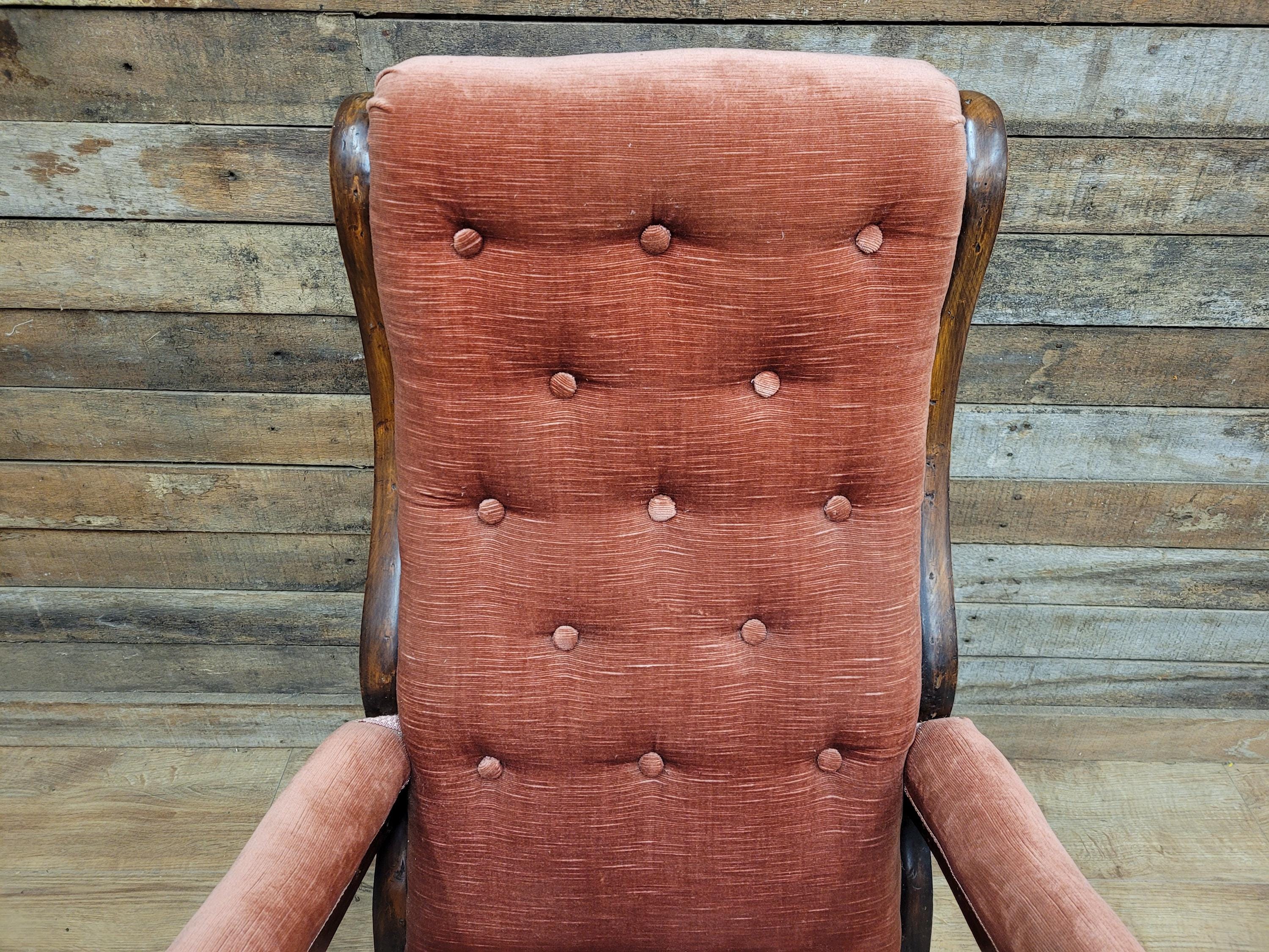 Antique Victorian Mahogany Button Back Armchair In Rust Fabric
